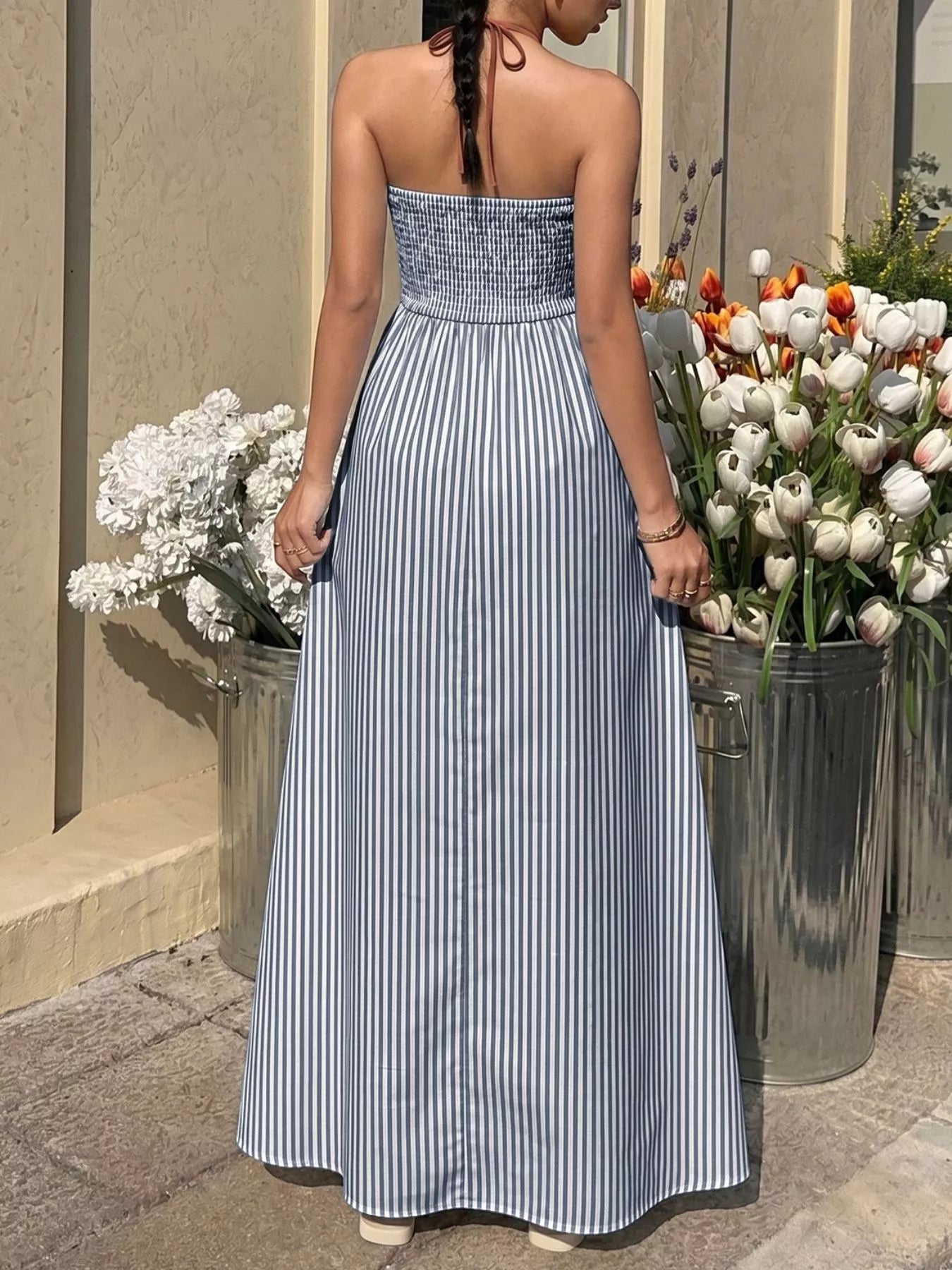 Striped Halter Neck Maxi Dress
