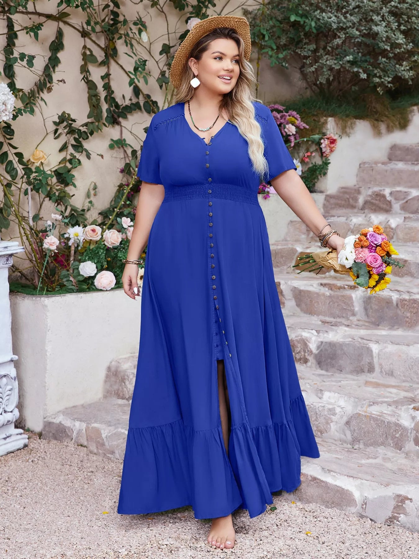 Plus Size Ruffled Hem V-Neck Maxi Dress