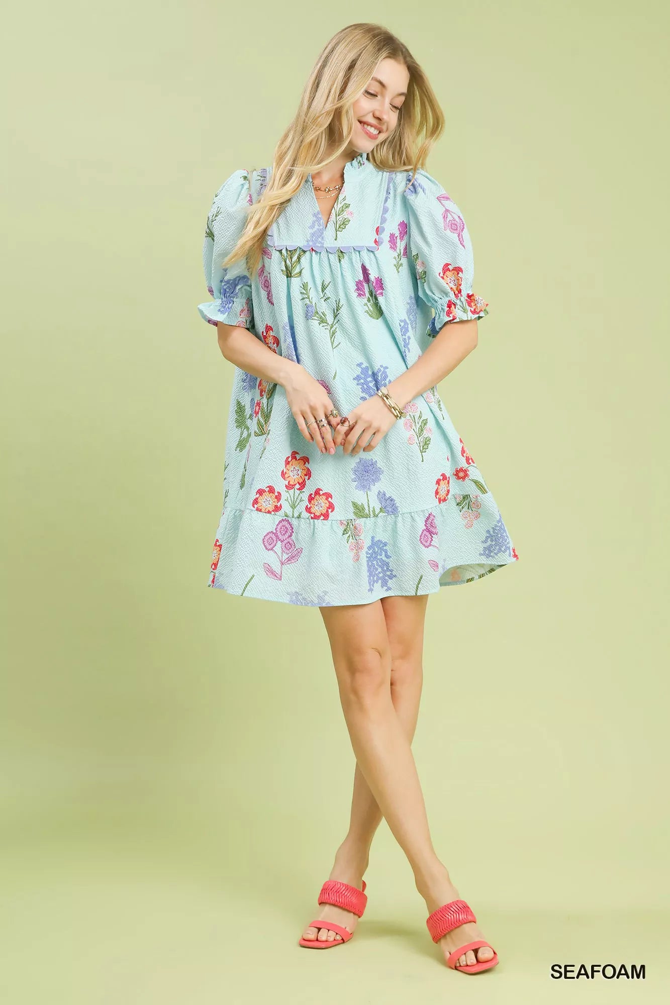 Umgee Multi Flower Print V-Neck Dress