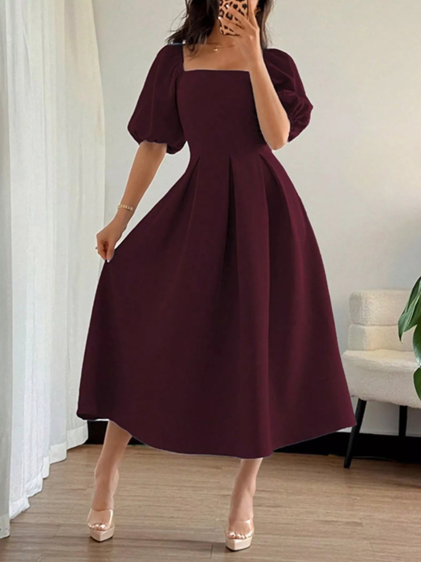Square Neck Flutter Sleeve Midi Dress
