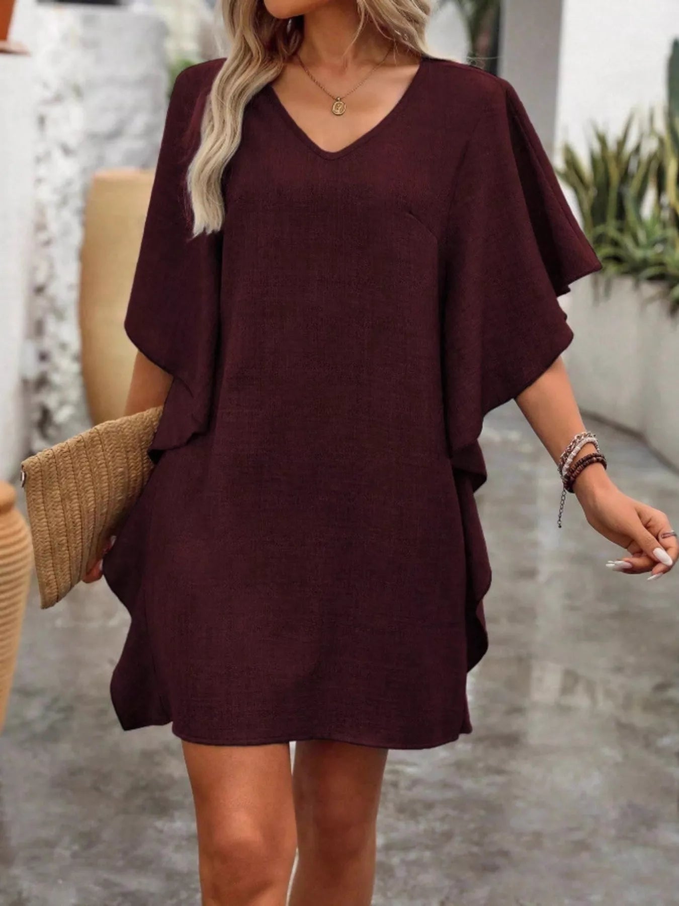 Flowy Sleeve V-Neck Casual Mini Dress