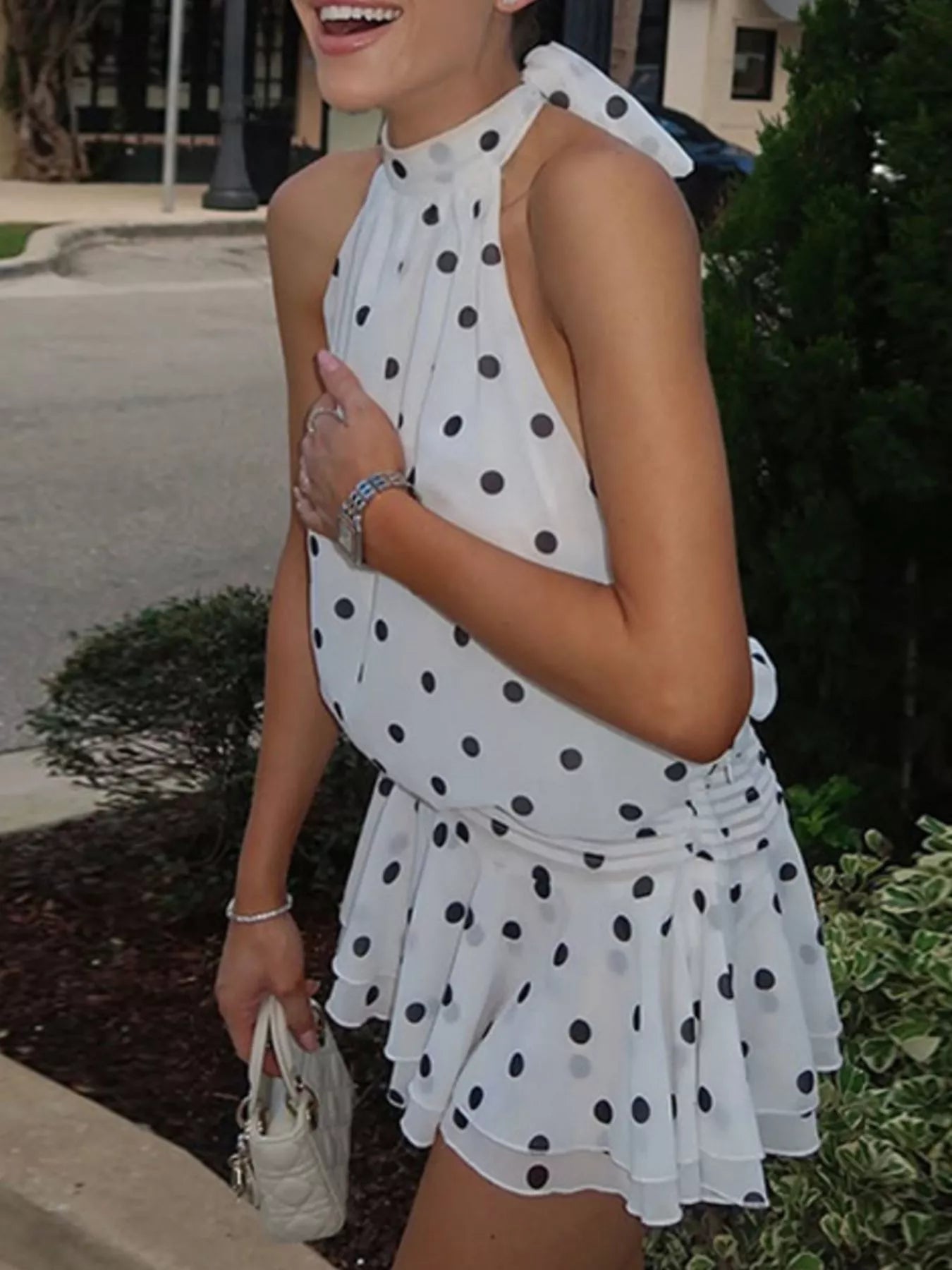 Polka Dot Halter Neck Ruffle Dress