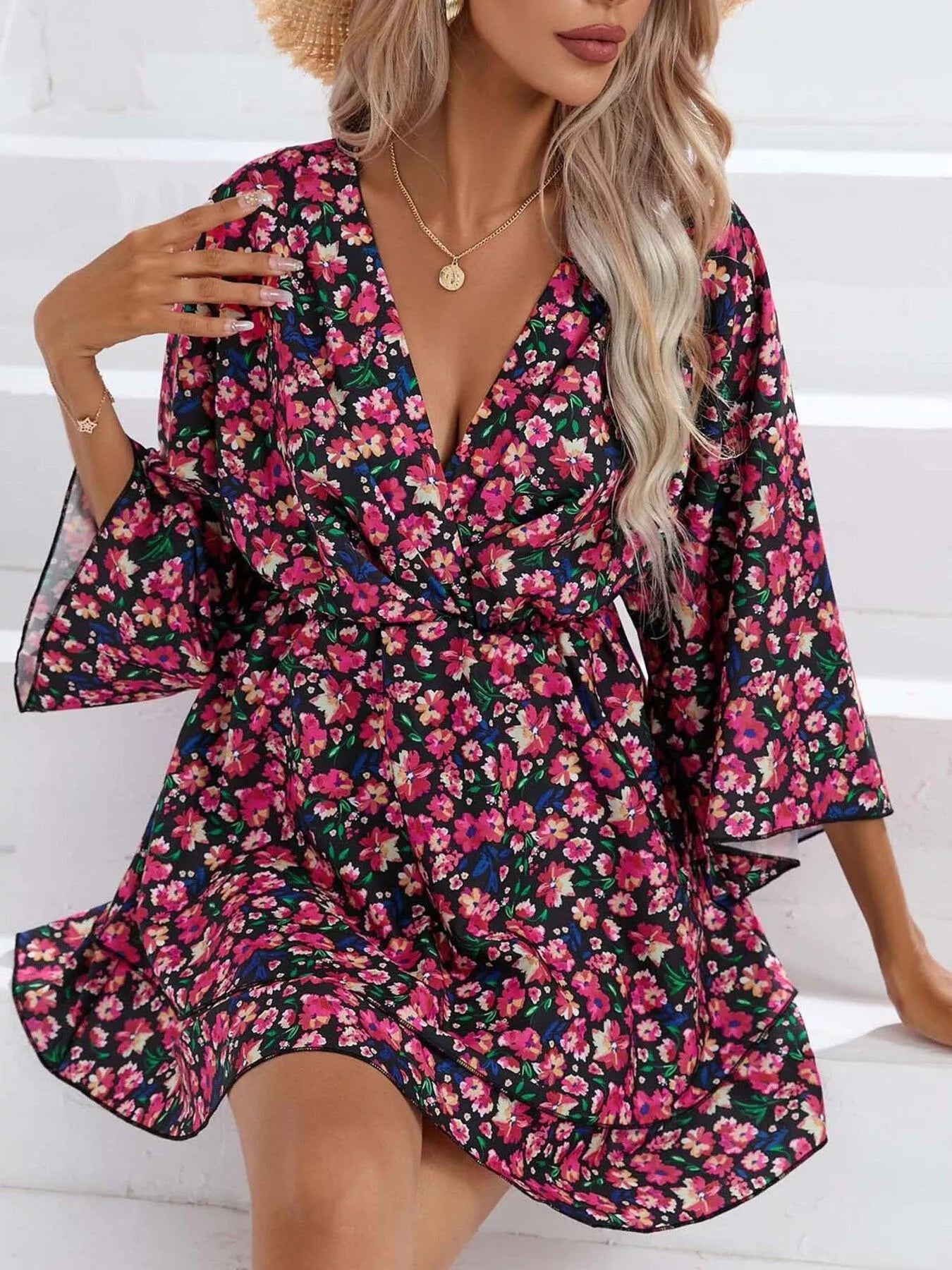 Floral Print Layered Ruffle Hem Mini Dress