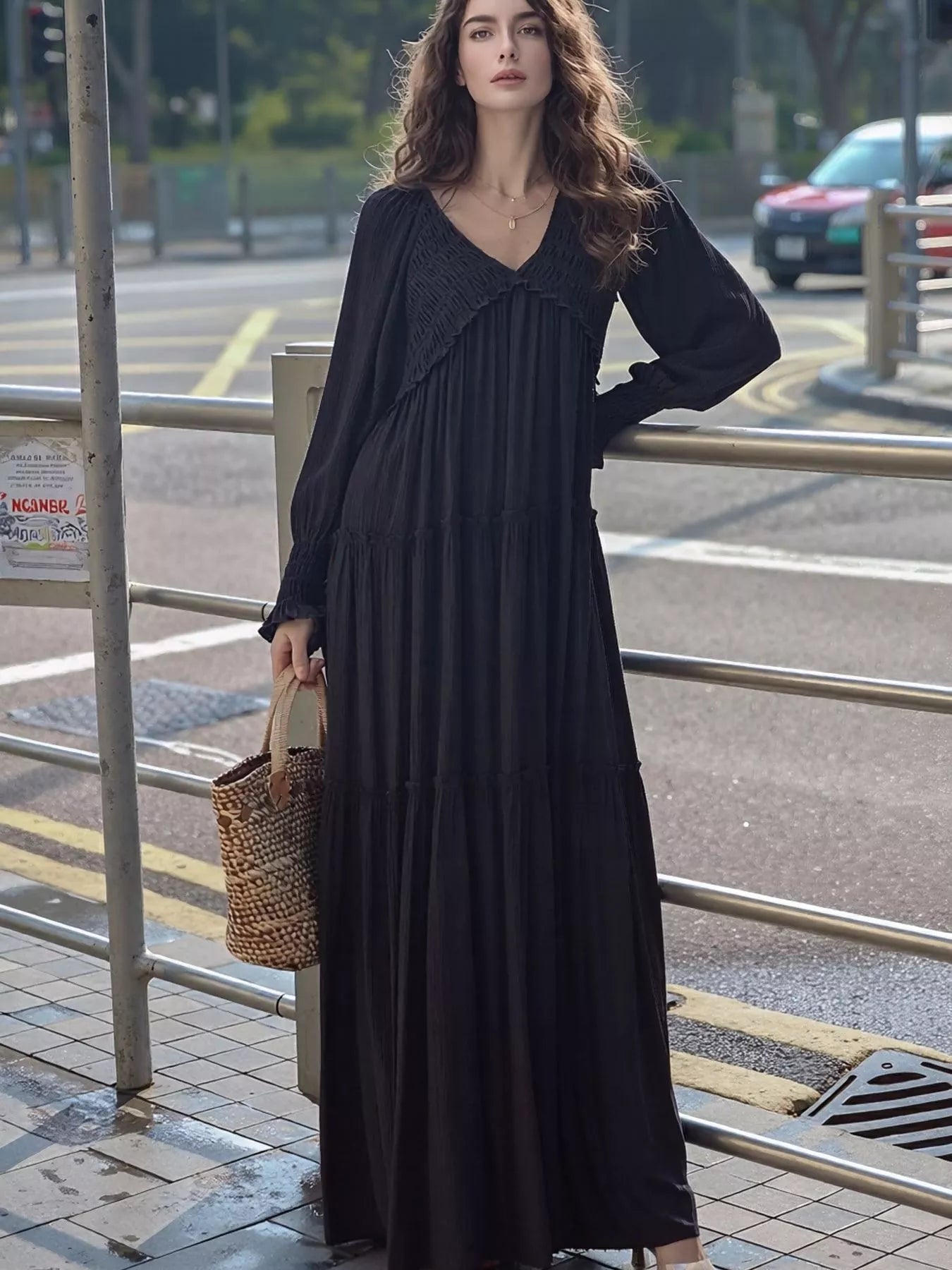 V-Neck Long Sleeve Tiered Maxi Dress
