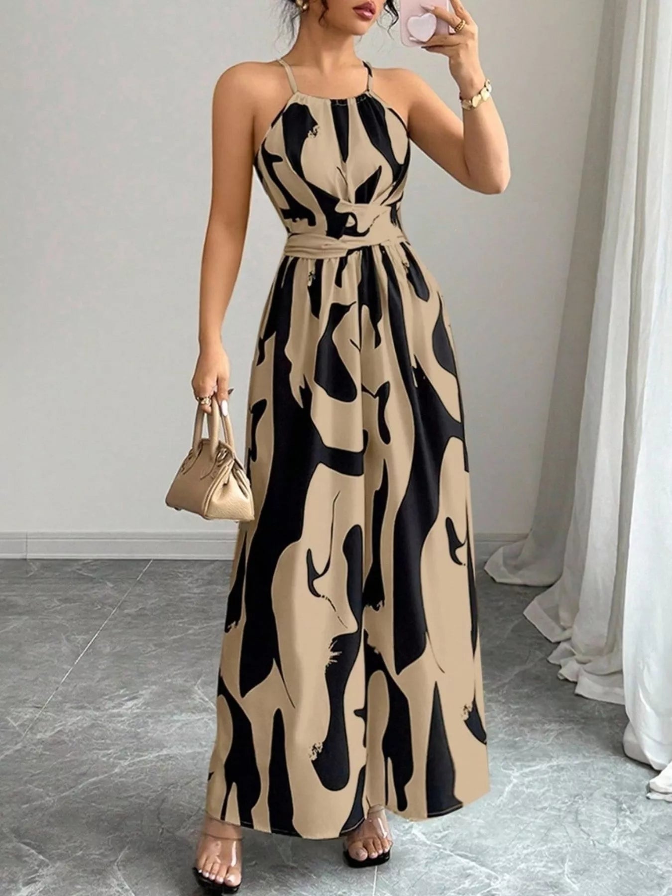 Abstract Print Halter Neck Maxi Dress