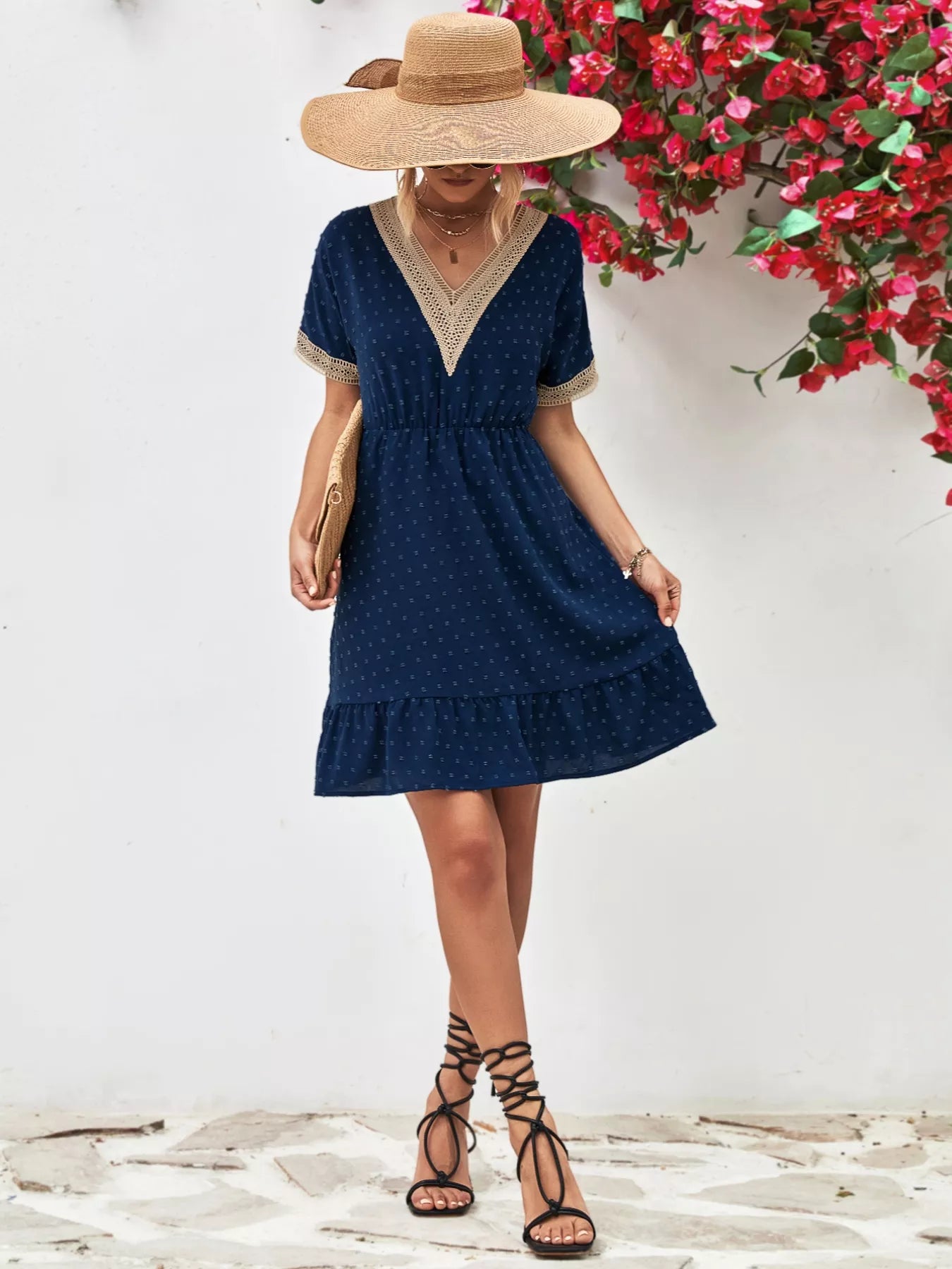 V-Neck Swiss Dot Ruffle Hem Mini Dress