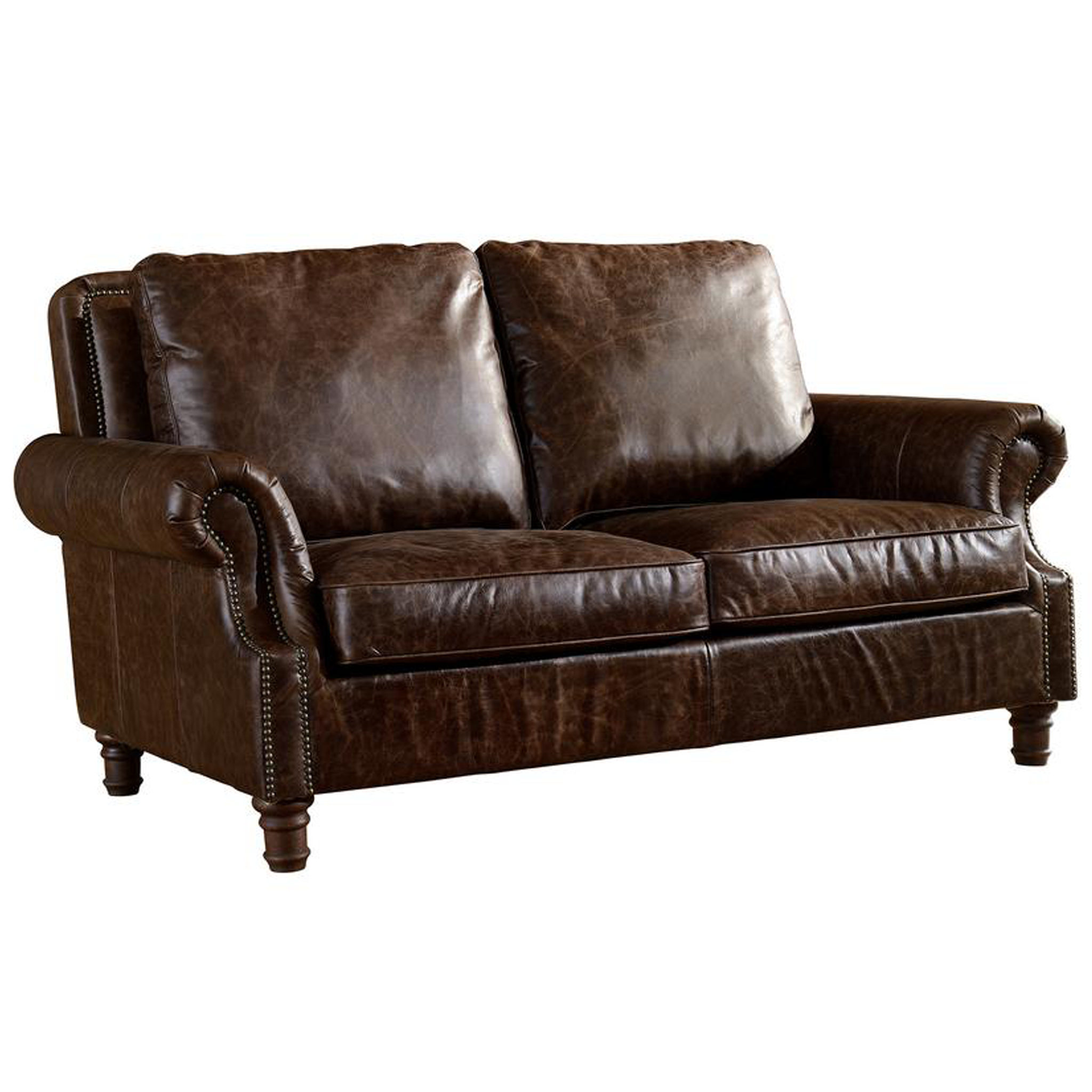 English Rolled Arm Love Seat - Dark Brown Leather