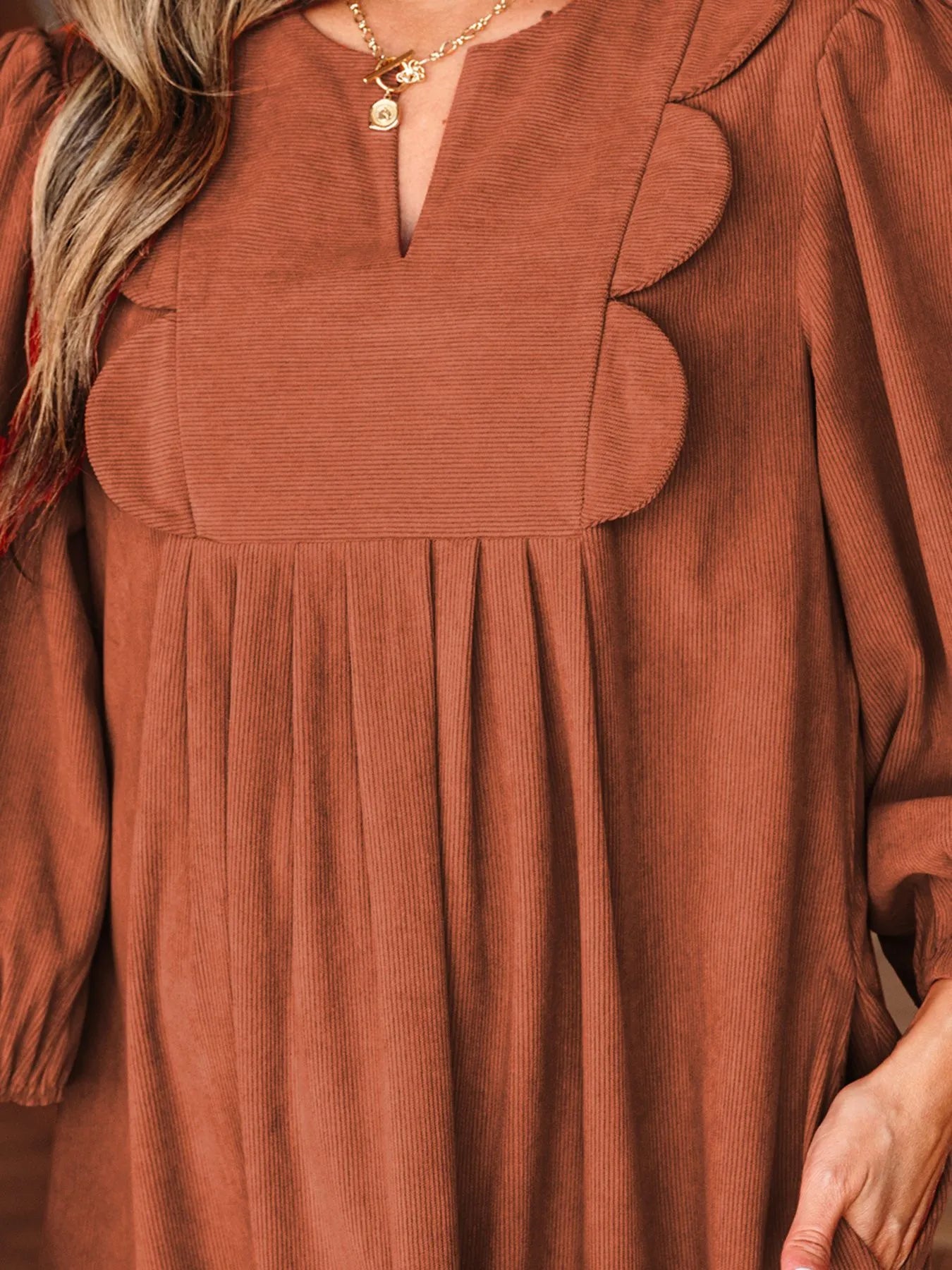 Split Neck Scallop Detail Corduroy Mini Dress