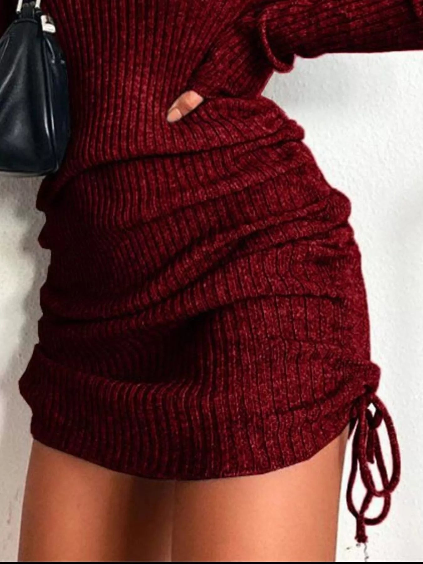 Full Size Ribbed Knit Drawstring Bodycon Sweater Dress Plus Size