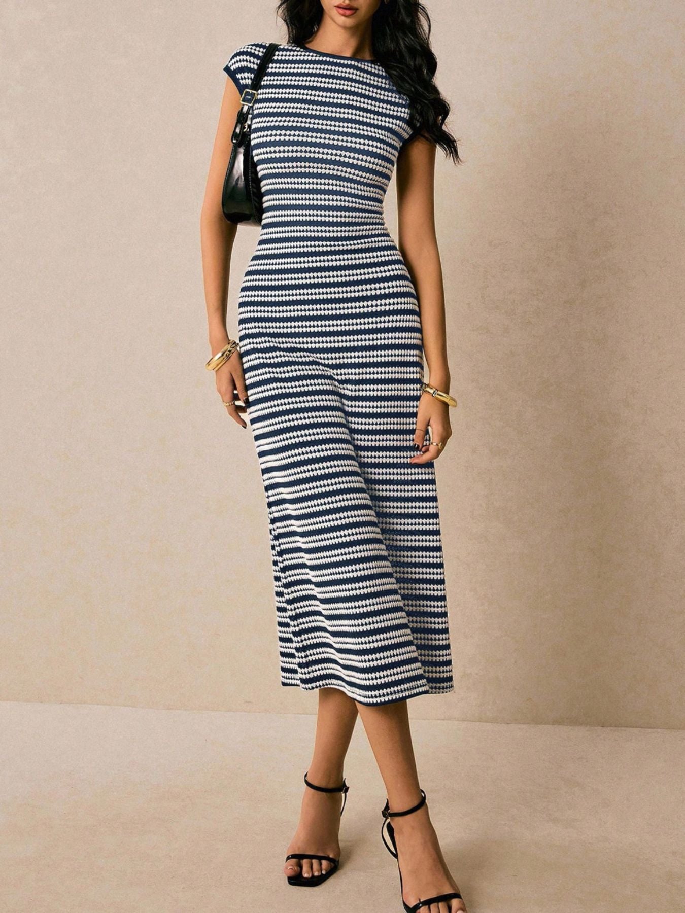 Striped Cap Sleeve Bodycon Midi Dress