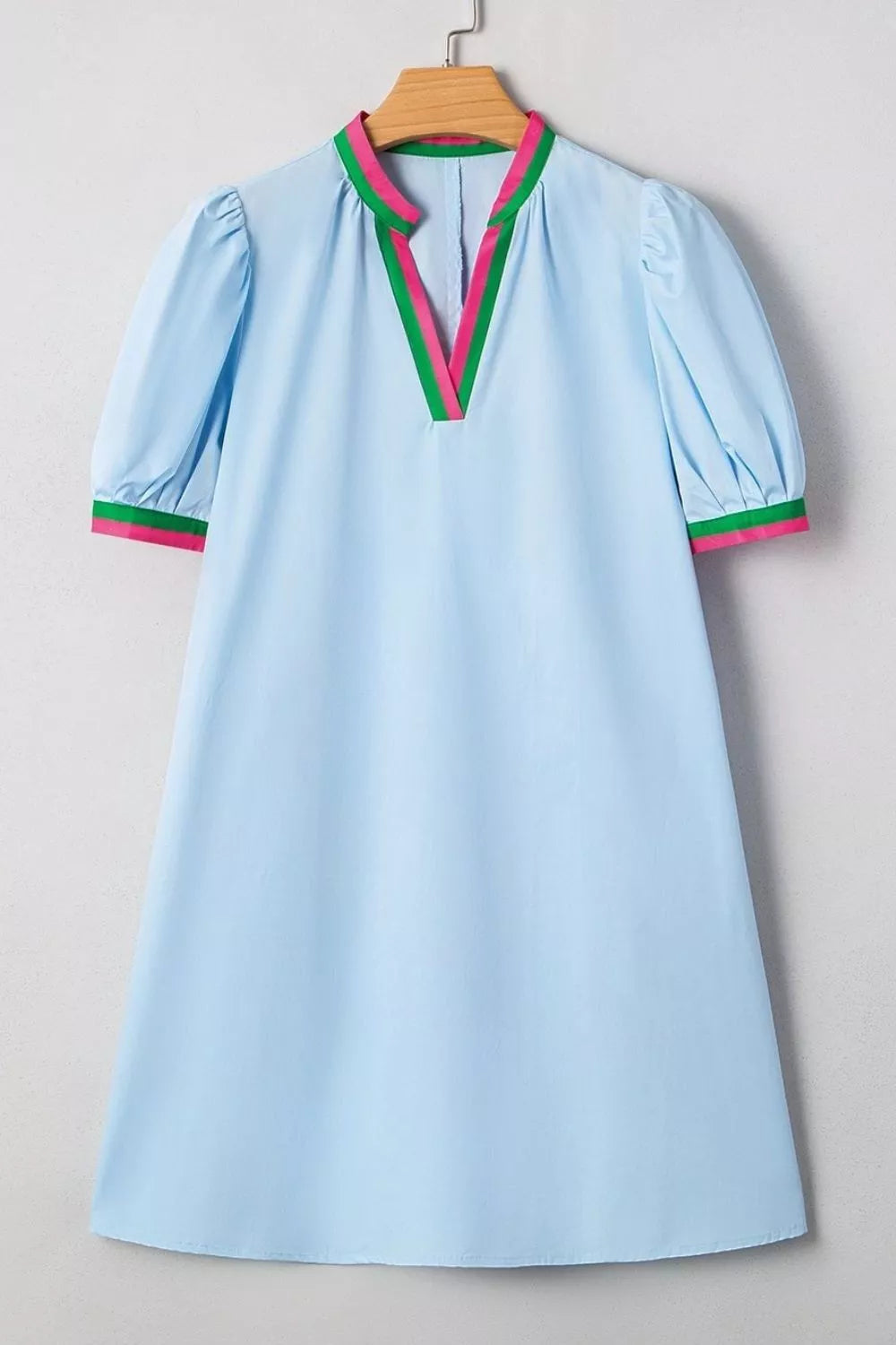 Puff Sleeve Mini Dress with Contrast Trim