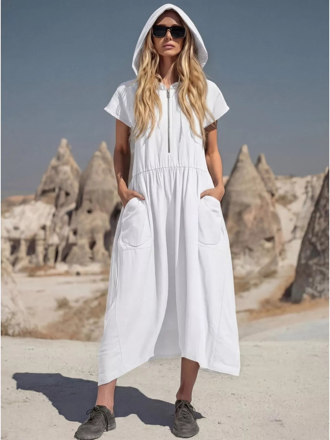 Full Size Hooded Midi Dress with Zipper and Pockets Plus Size