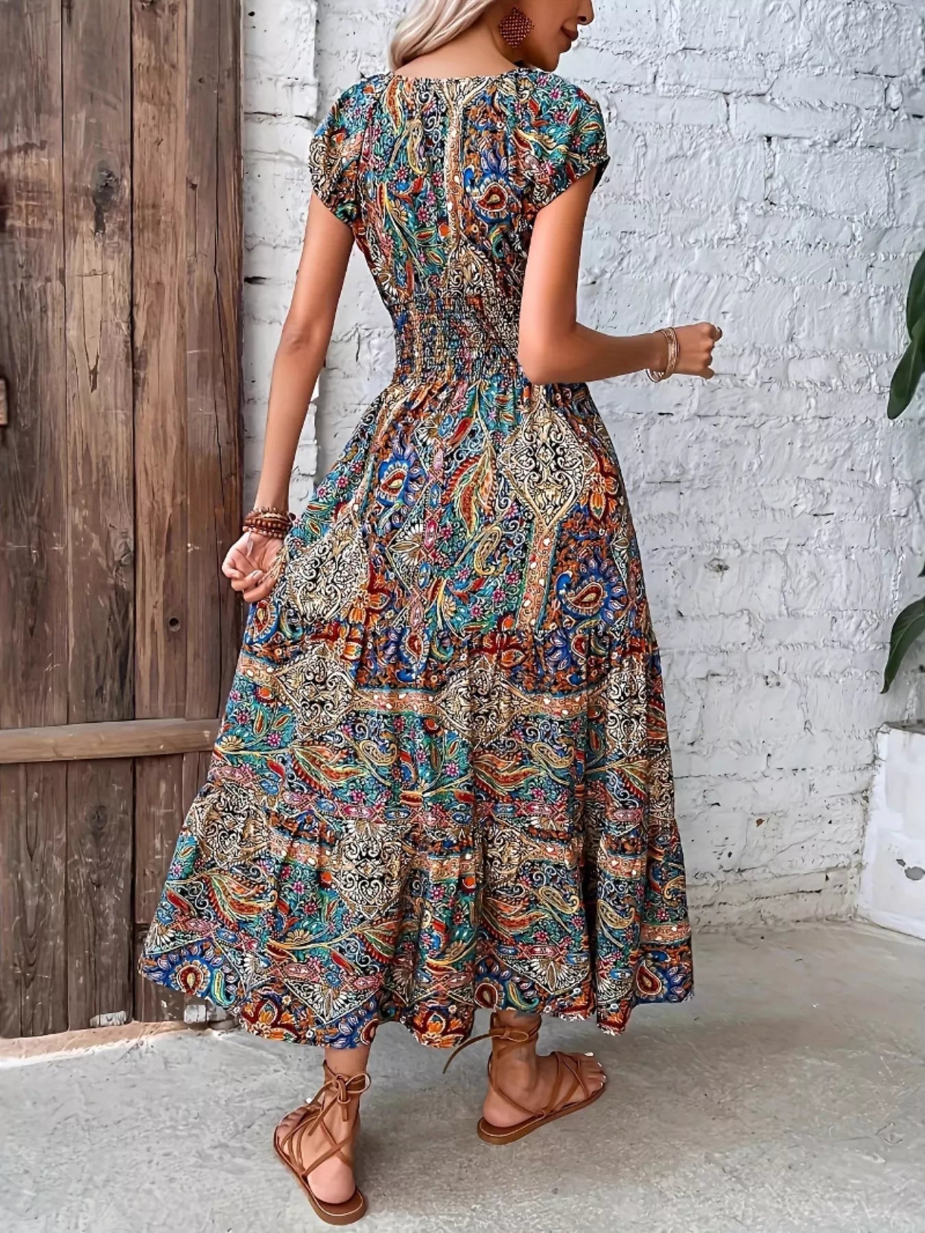 Paisley Print Cap Sleeve Maxi Dress