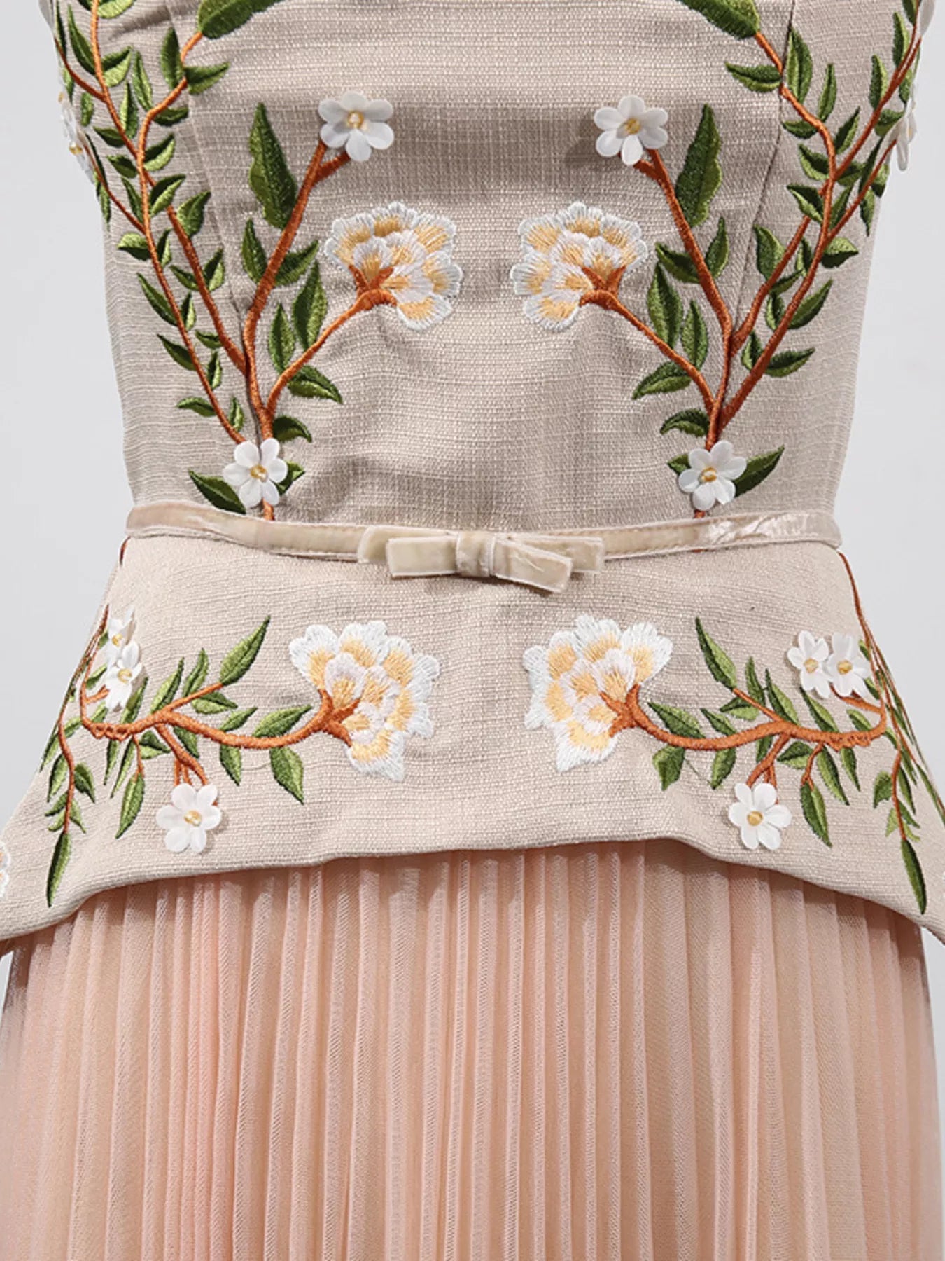 Embroidered Tulle Pleated Midi Dress