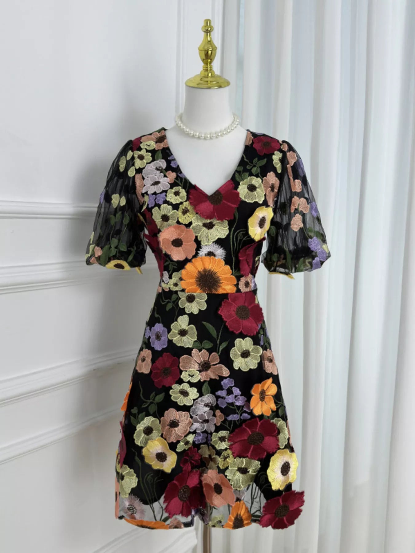 Plus Size Embroidered Floral V-Neck Mini Dress