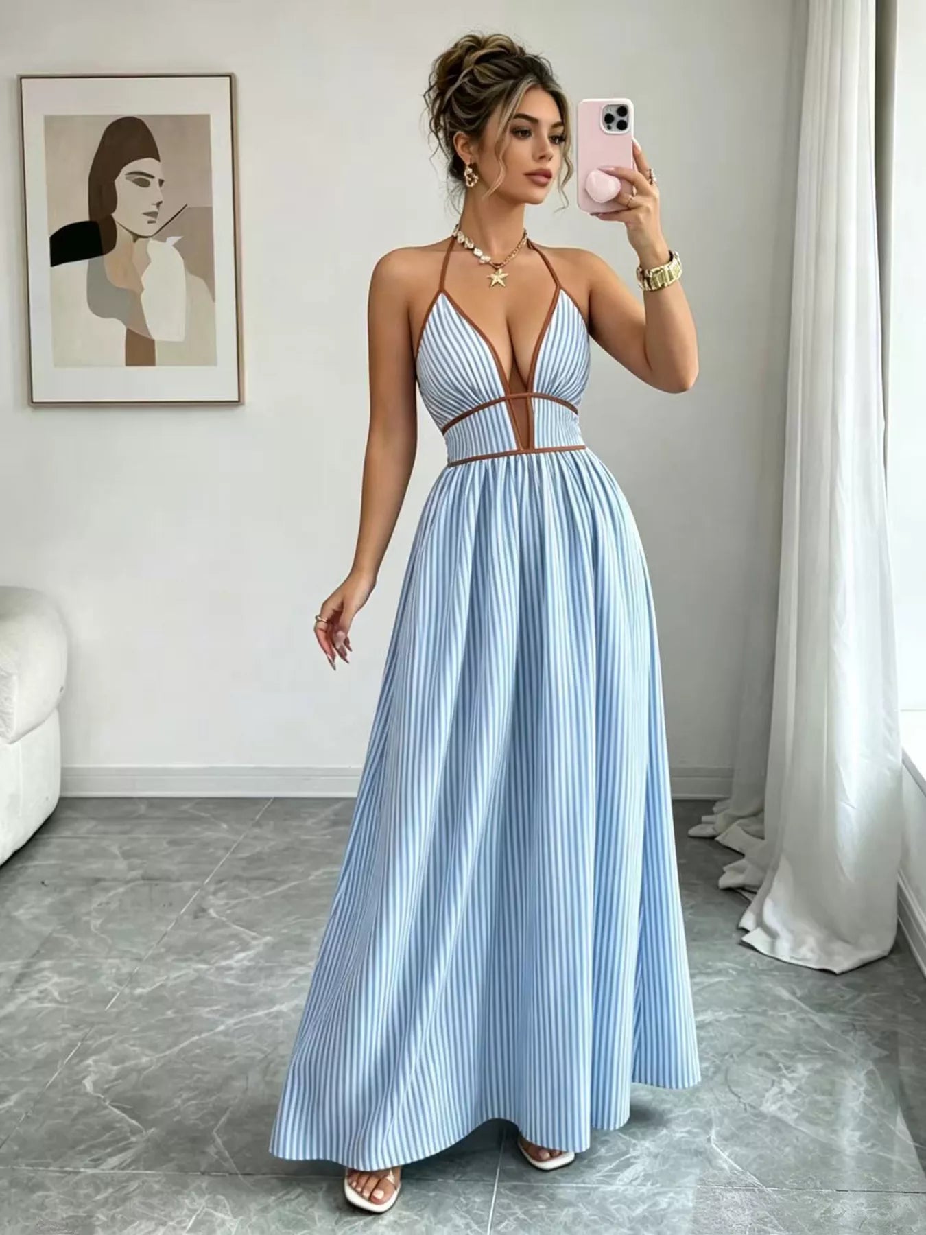 Striped Halter Neck Maxi Dress
