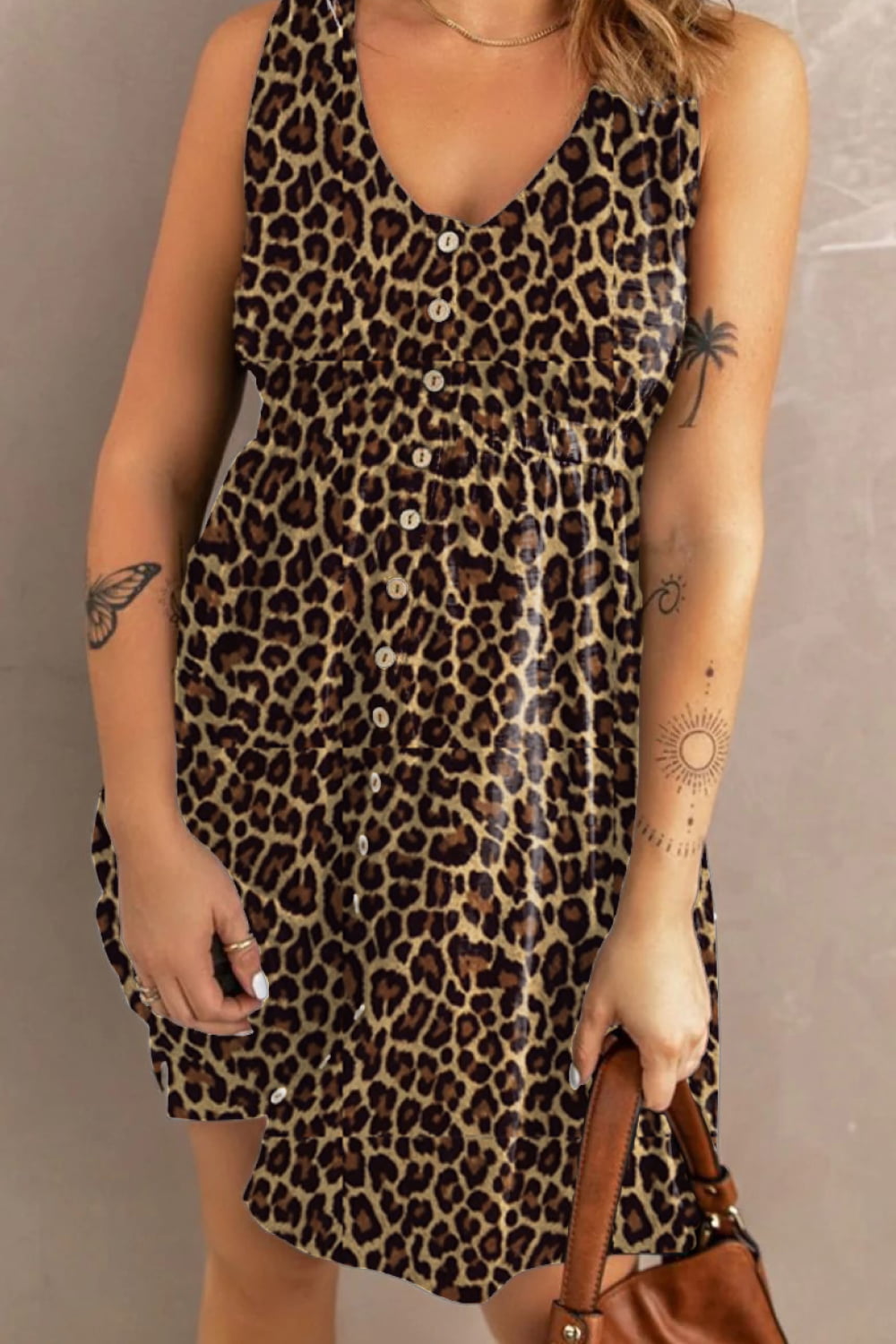 Double Take Printed Sleeveless Front Button Ruched Waist Side Slit Casual Magic Dress with Pockets