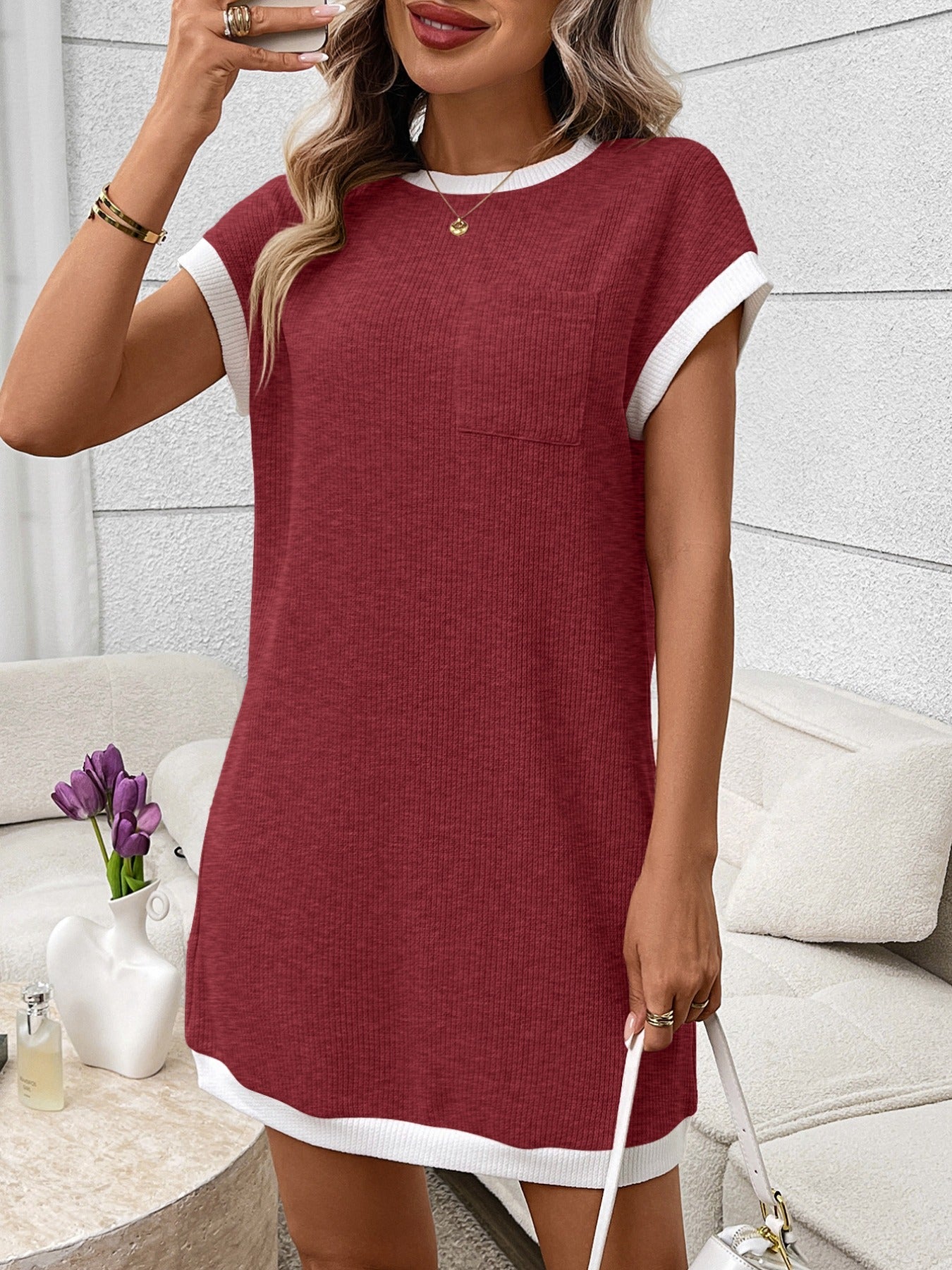 Contrast Trim Ribbed Knit Mini Dress with Pocket