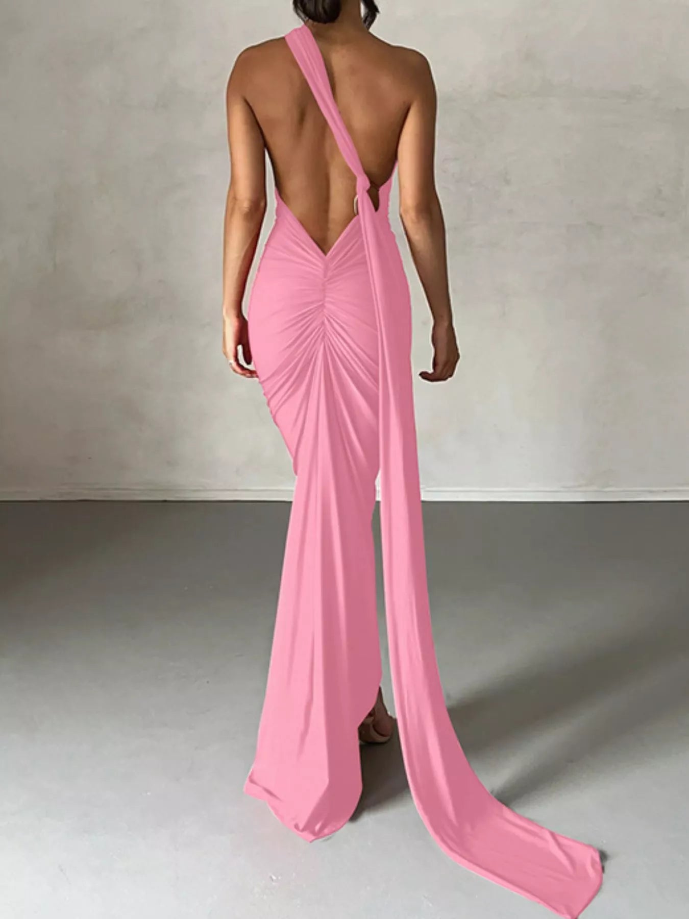 Backless One-Shoulder Ruched Bodycon Maxi Dress