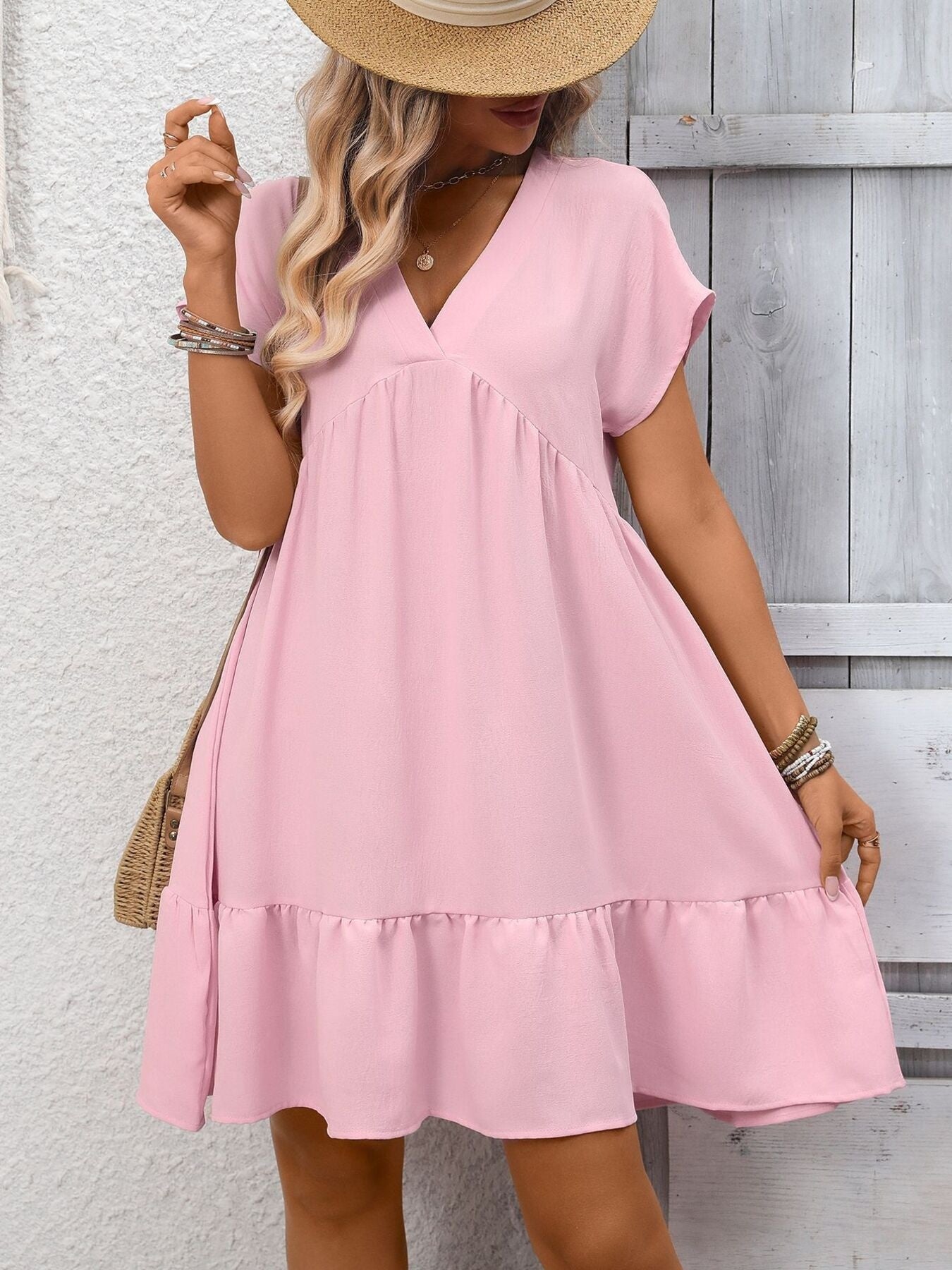 Casual V-Neck Ruffle Hem Mini Dress