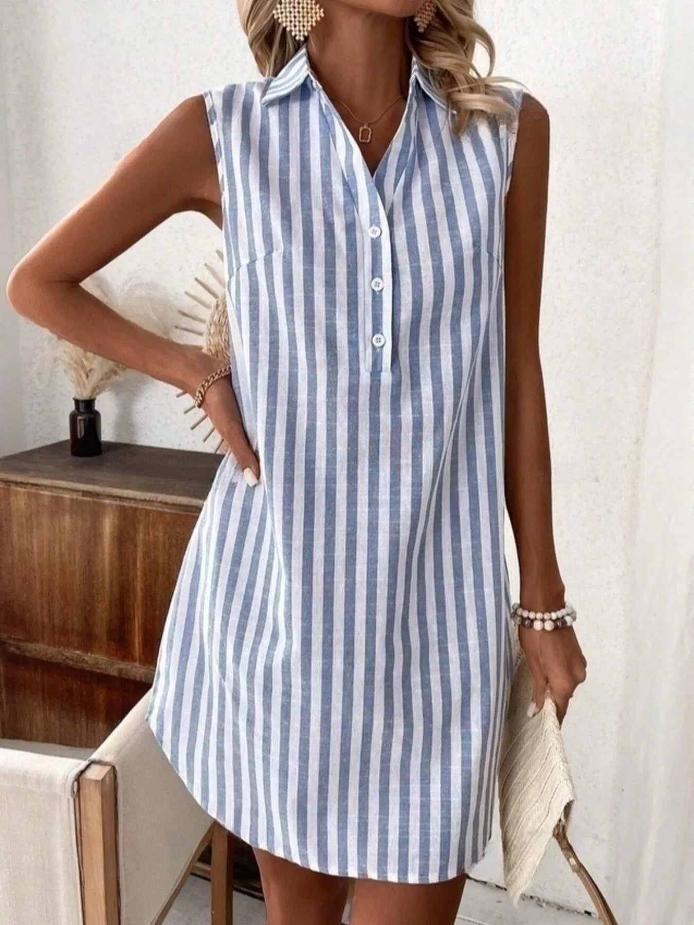 Sleeveless Striped Button Detail Shirt Dress