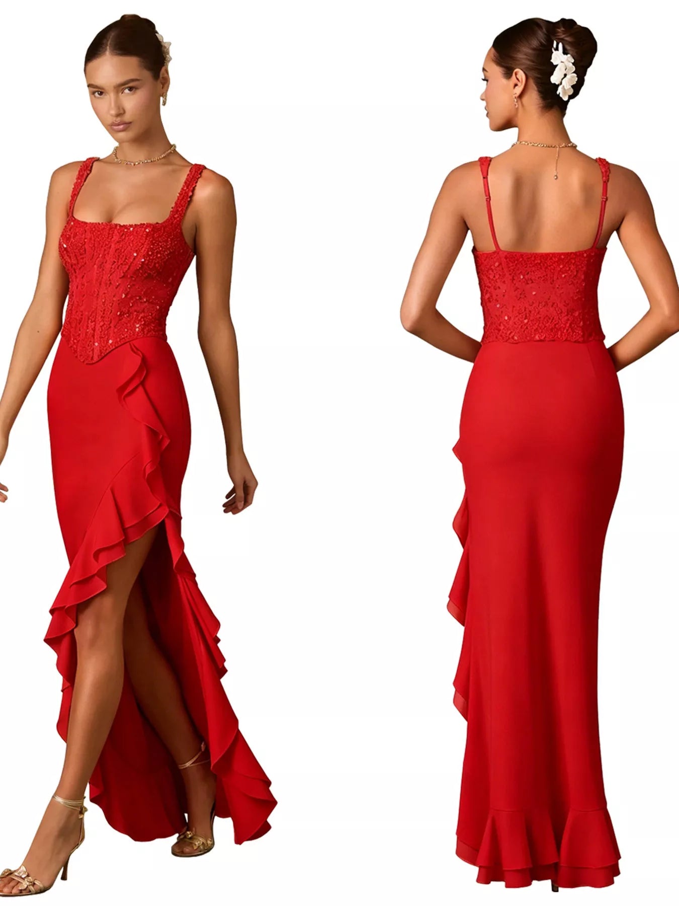 Sequin Ruffle Hem Maxi Dress