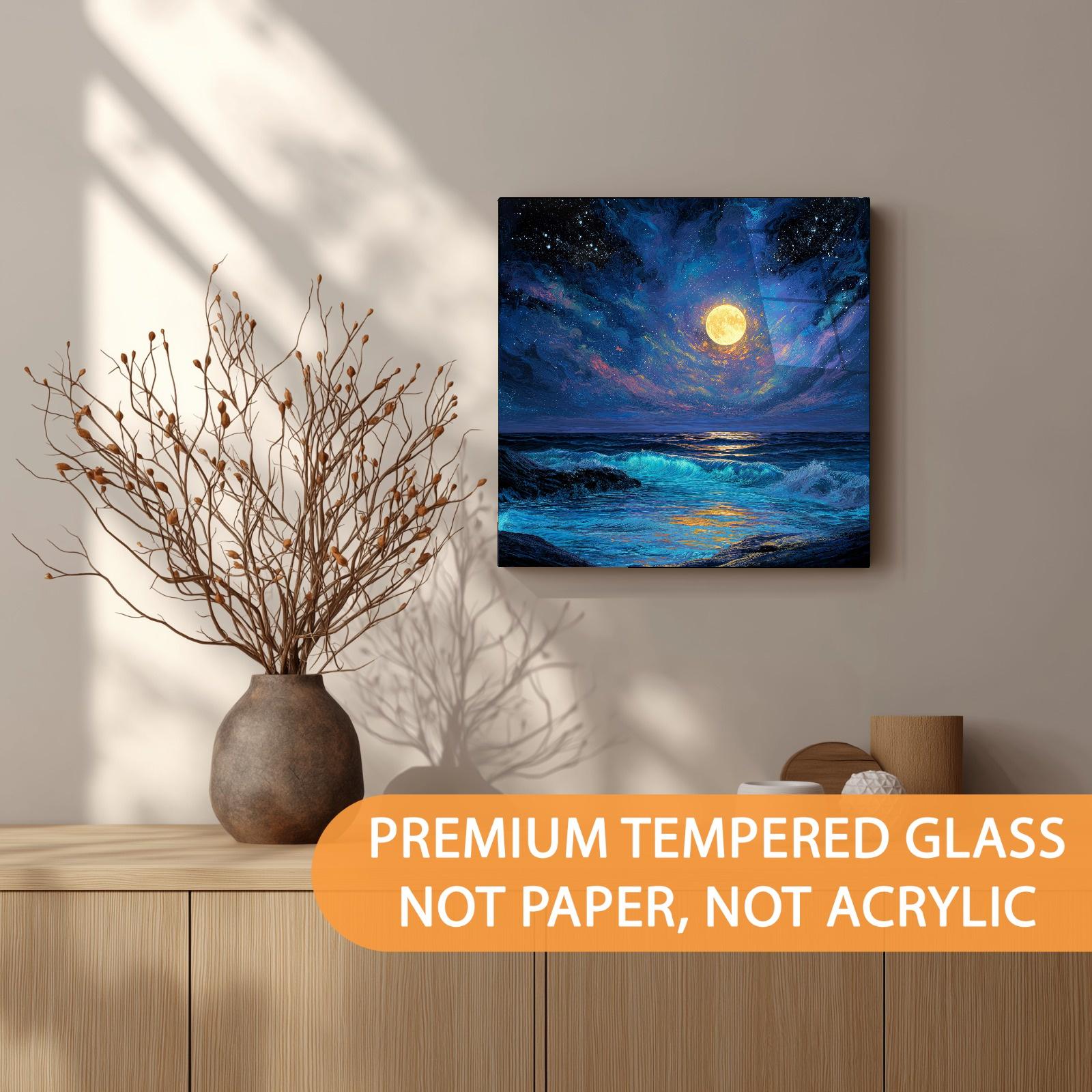 Moonlit Ocean Tempered Glass Wall Art | Coastal Living Room Decor