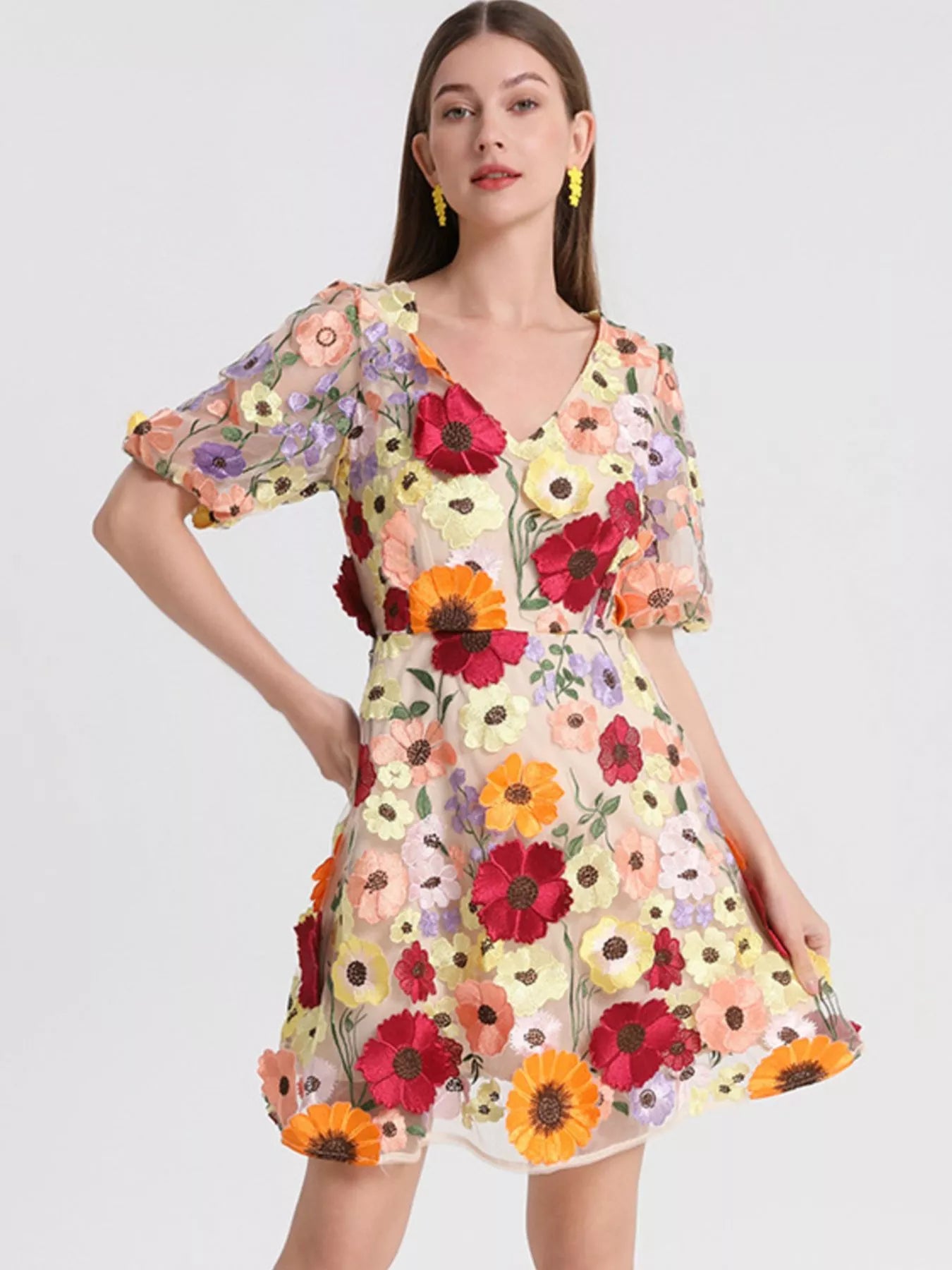 Plus Size Embroidered Floral V-Neck Mini Dress