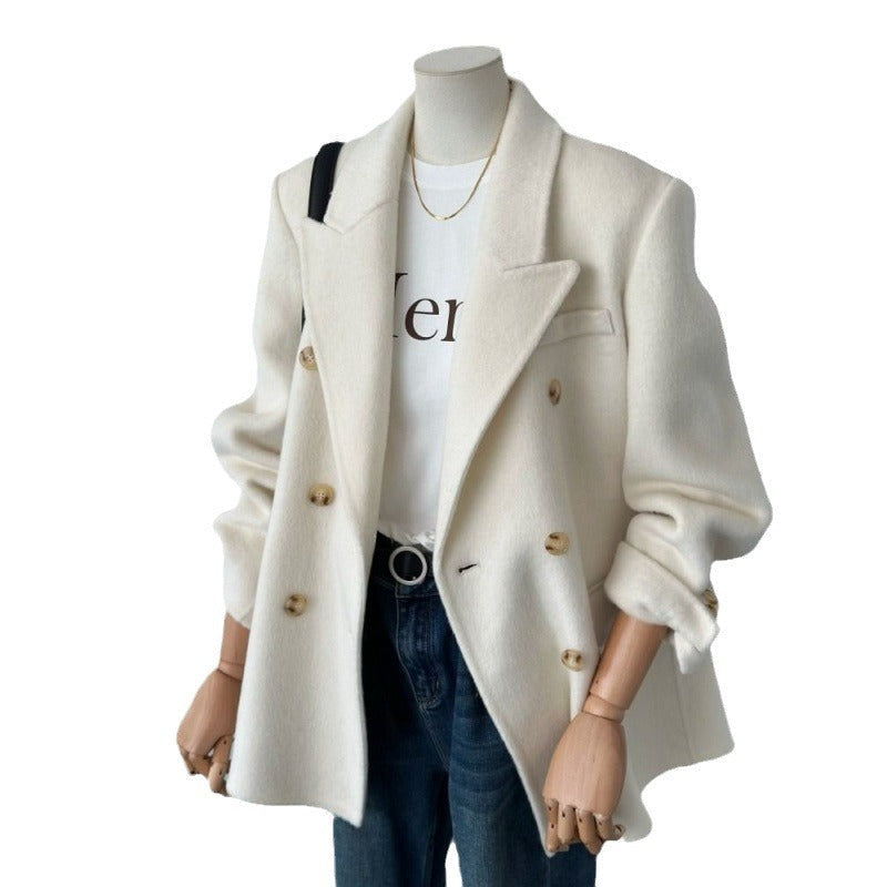 Womens Solid-Color Short Loose-Fit Double-Faced Cashmere Coat