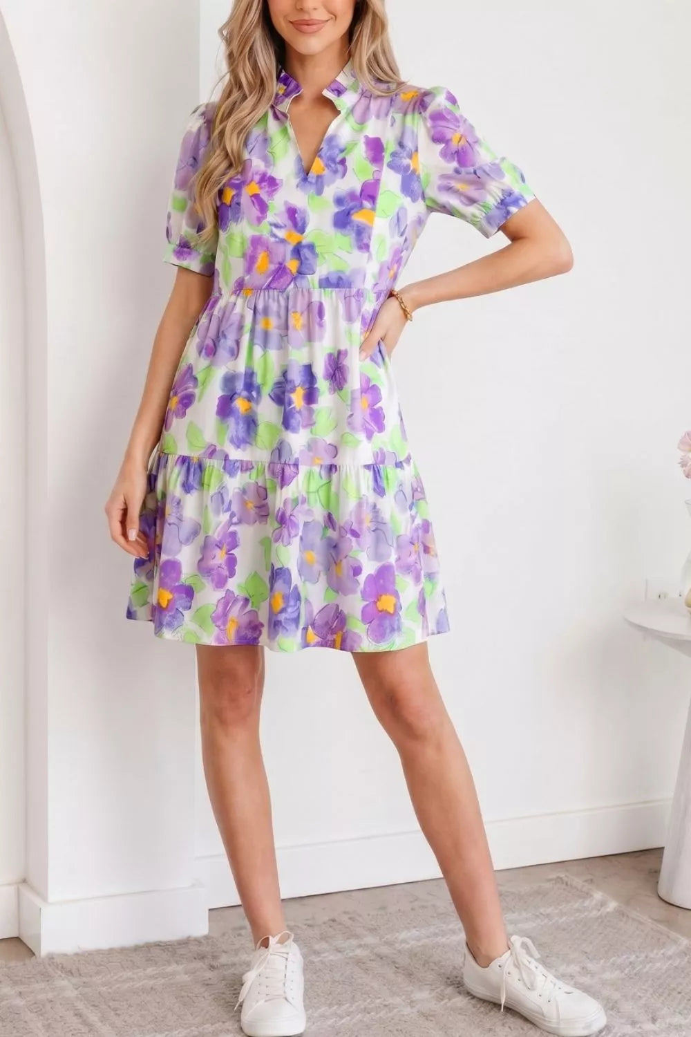 Floral V Collar Short Sleeve Tiered Ruffle Mini Dress
