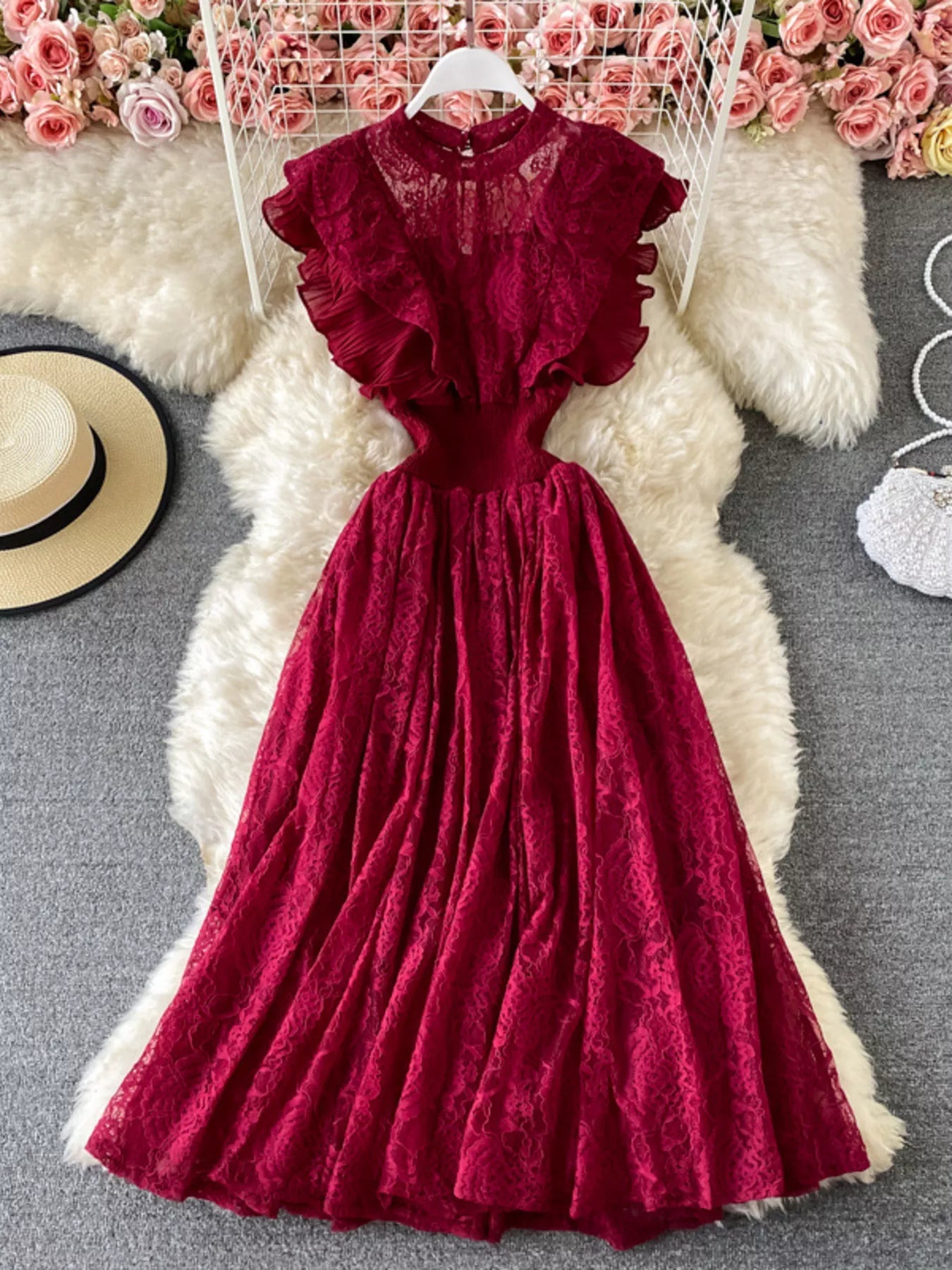 Ruffled Mock Neck Lace Maxi Dress