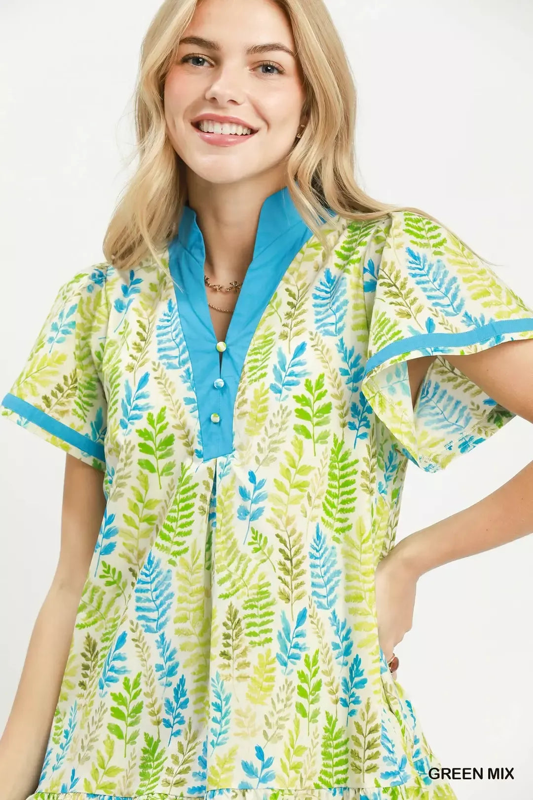 Umgee Leaf Print Flutter Sleeve Tiered Mini Dress
