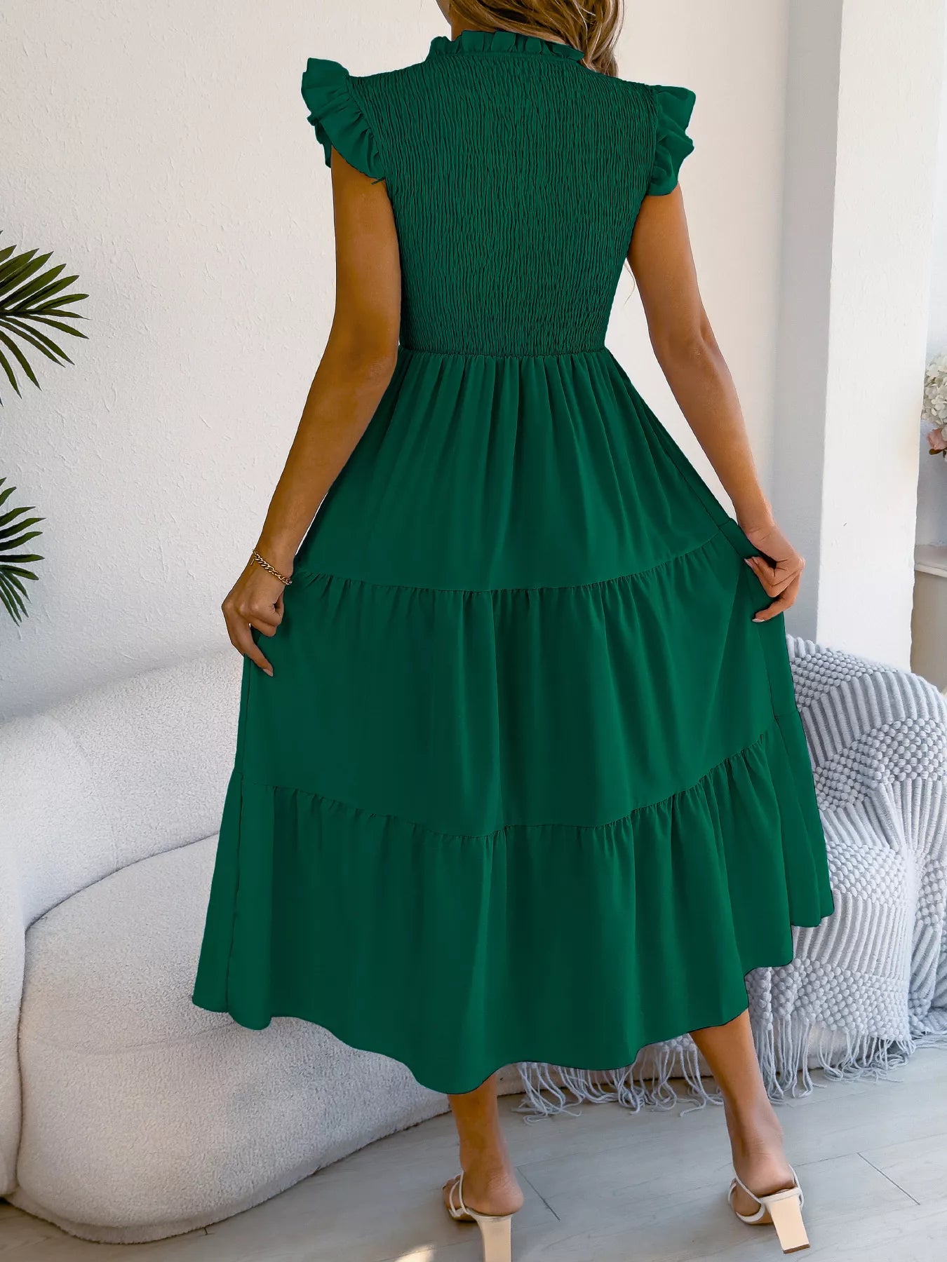 Smocked Ruffled Cap Sleeve Dress