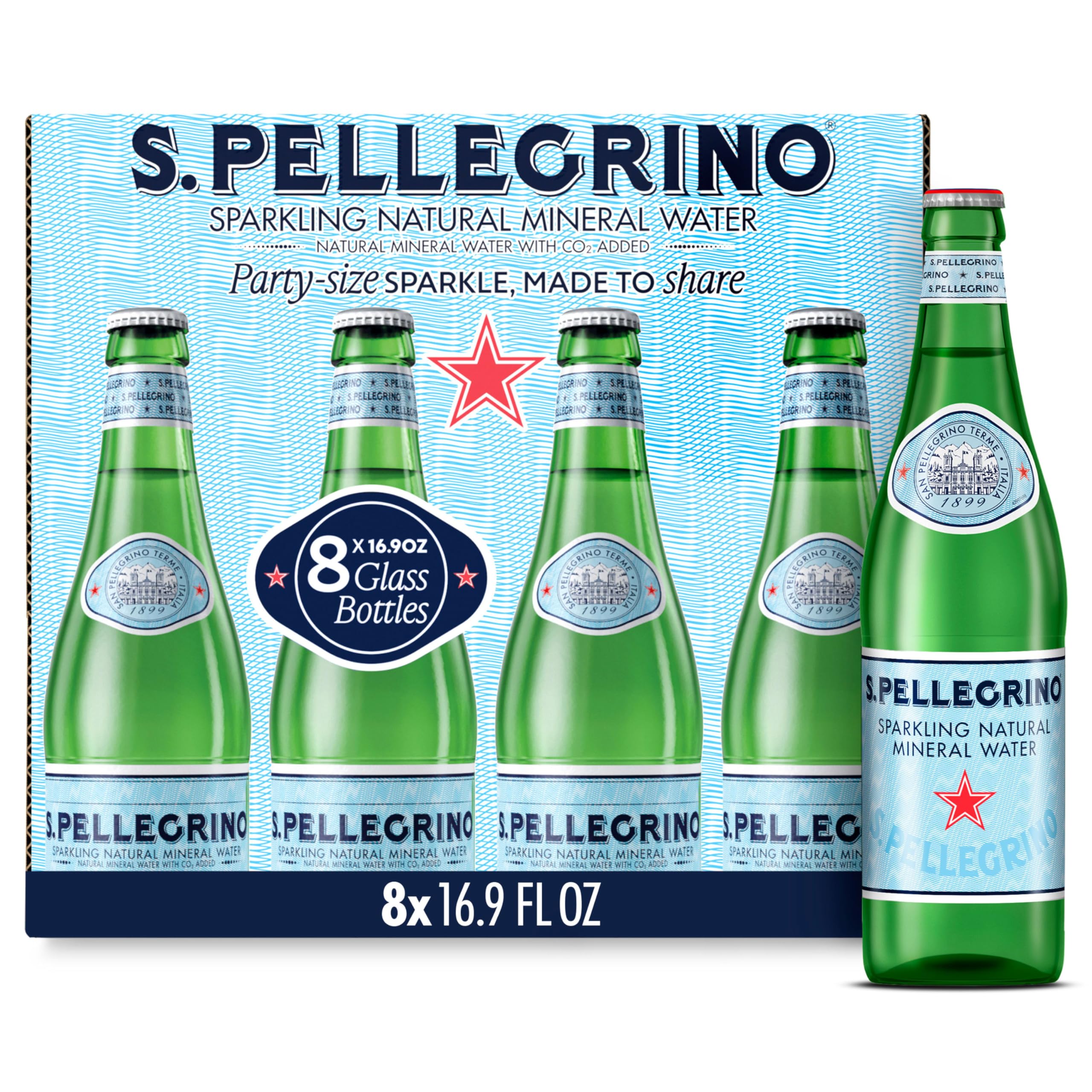 S.Pellegrino Sparkling Natural Mineral Water, 8 Pack, 16.9 Fluid Ounce Glass Bottles