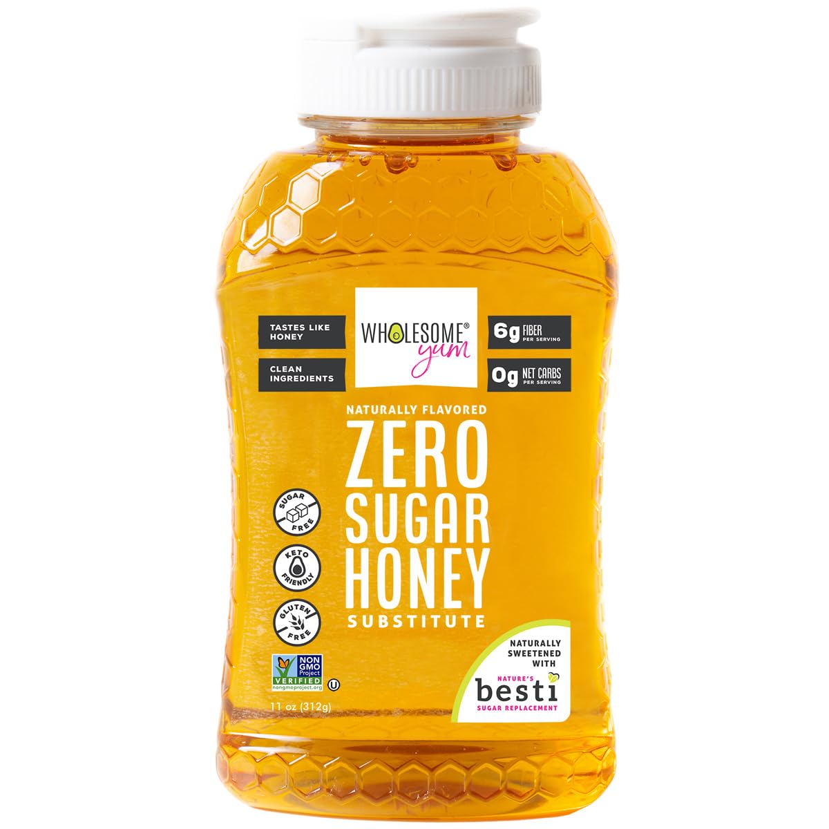 Wholesome Yum Zero Sugar Honey Substitute with Monk Fruit and Allulose, Case of 8, 11 Ounce Bottles