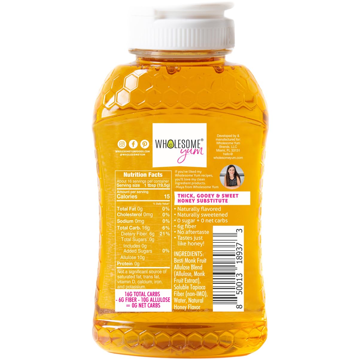 Wholesome Yum Zero Sugar Honey Substitute with Monk Fruit and Allulose, Case of 8, 11 Ounce Bottles
