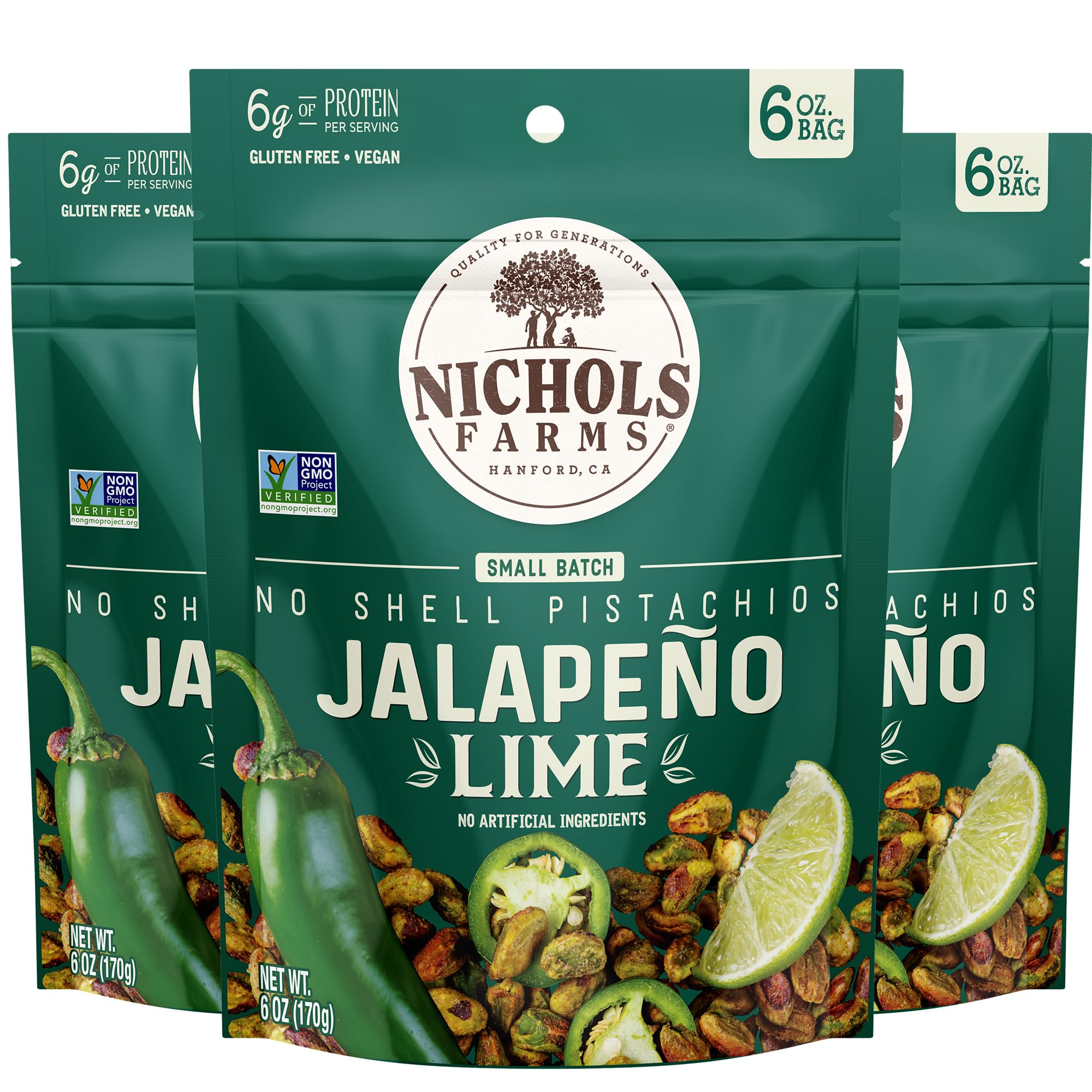 Nichols Farms No Shell Pistachios Jalapeno Lime, Case of 12, 6 oz
