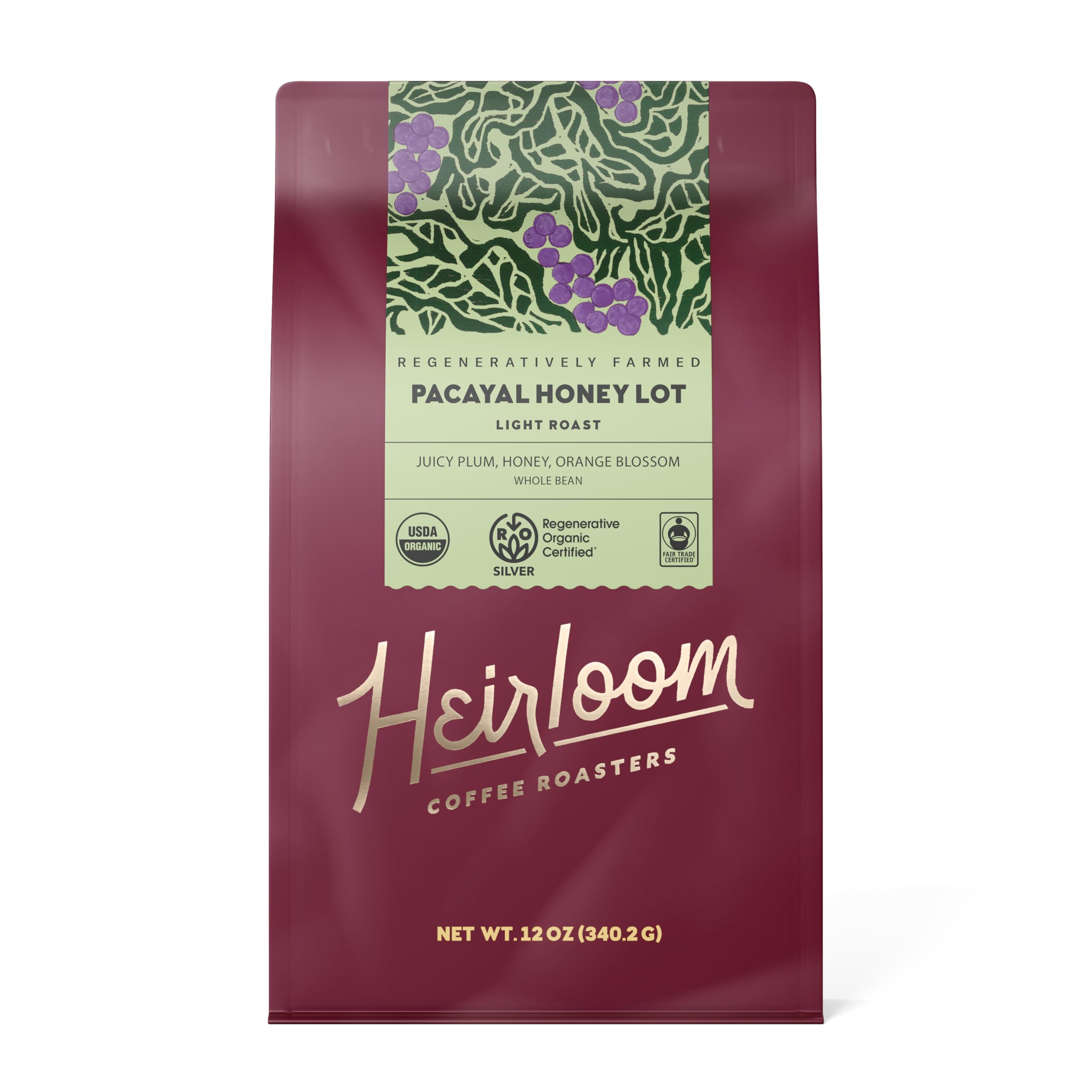 Heirloom Coffee Roasters Organic Pacayal Honey Lot Coffee, Case of 6, 12 Ounce