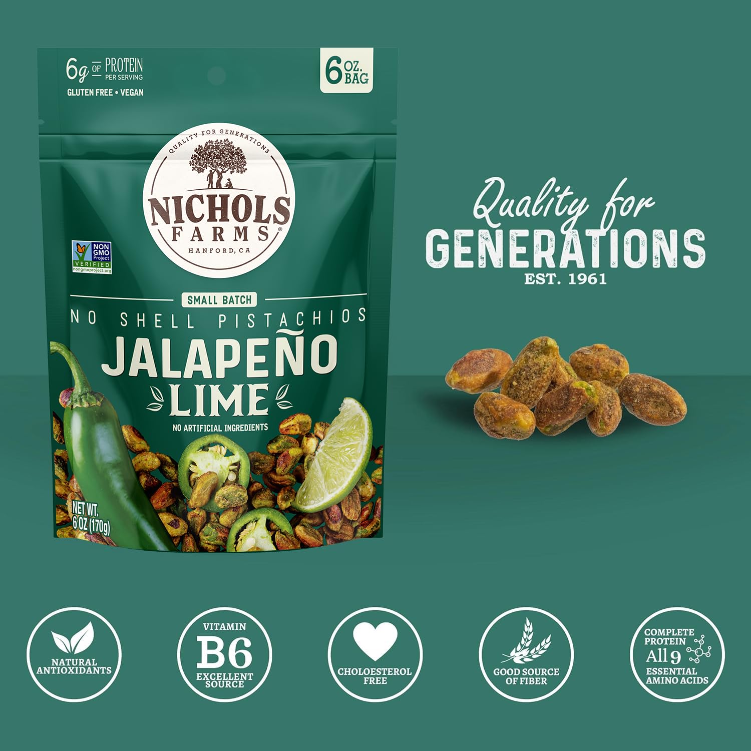 Nichols Farms No Shell Pistachios Jalapeno Lime, Case of 12, 6 oz