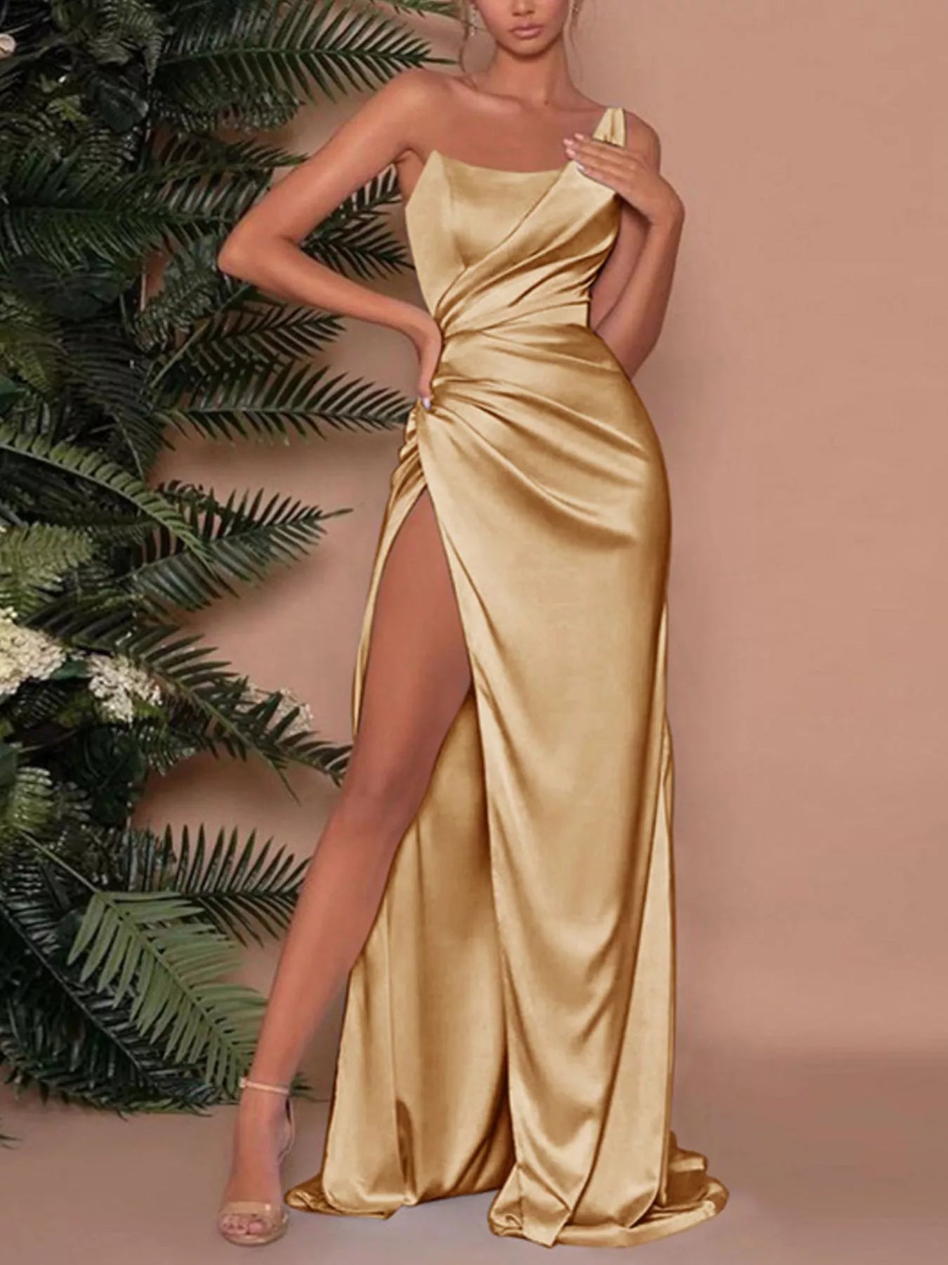 One-Shoulder Satin Maxi Dress with High Slit