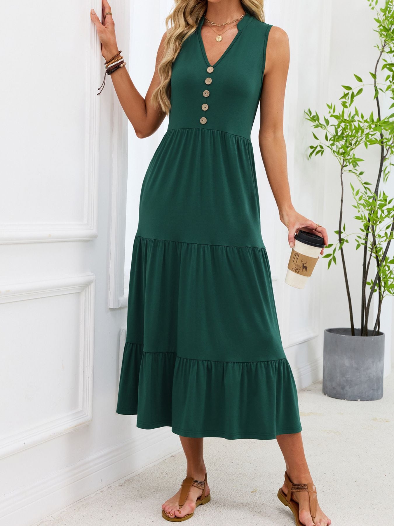 Sleeveless Notched Tiered Midi Dress