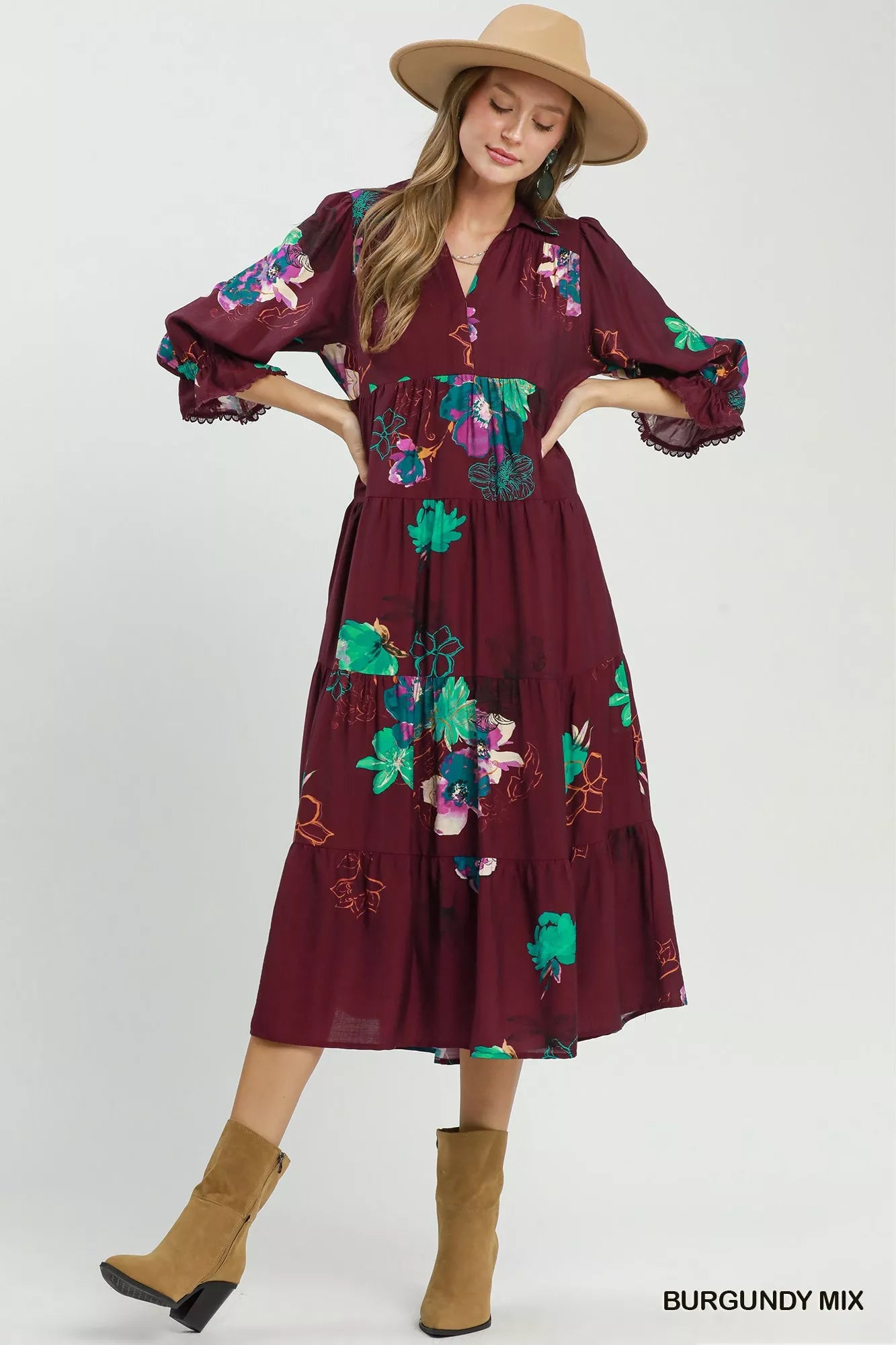 Umgee Floral Print Tiered Midi Dress with Puff Sleeves