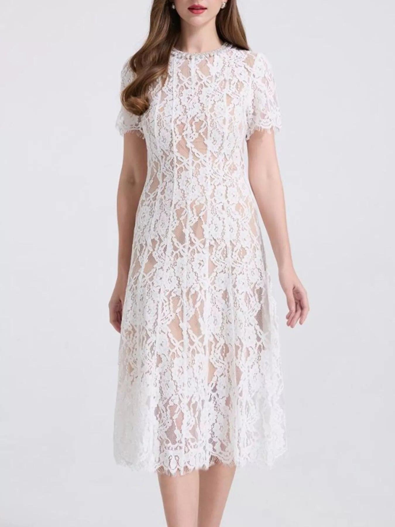 Lace Pearl Neckline Midi Dress