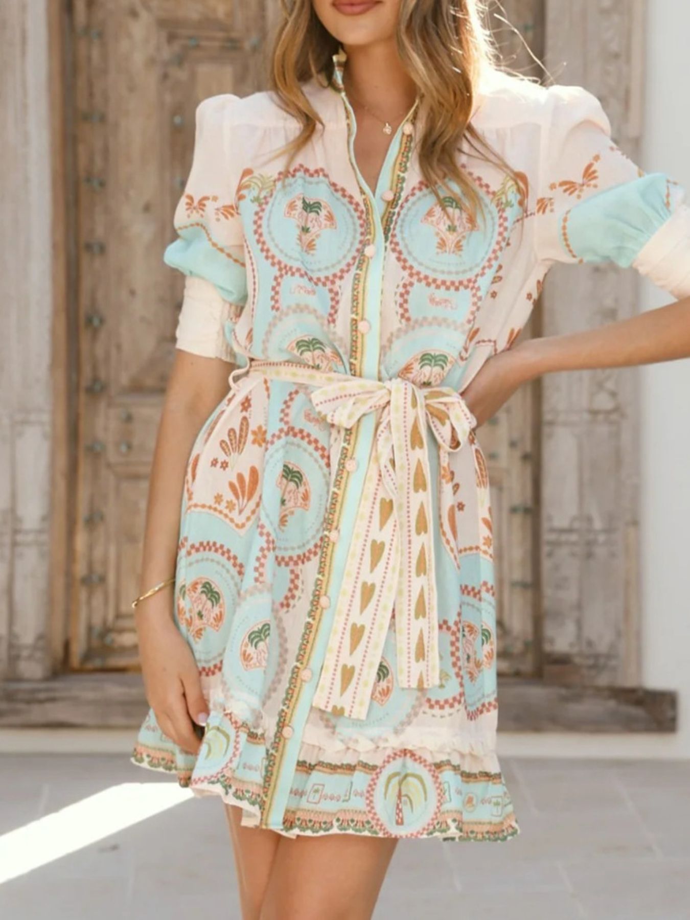 Printed Tie Waist Mini Dress