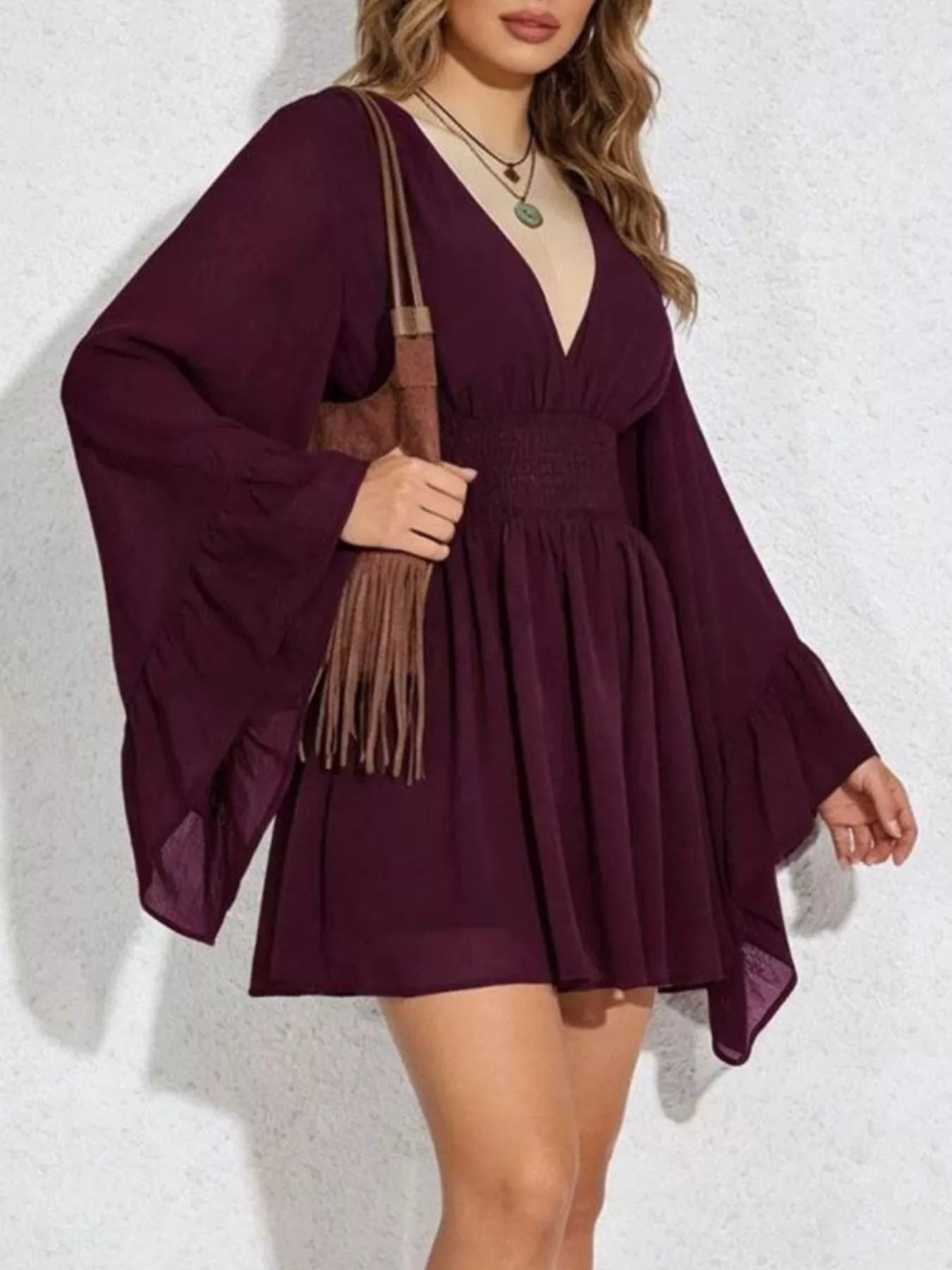 V-Neck Flowy Long Sleeve Mini Dress