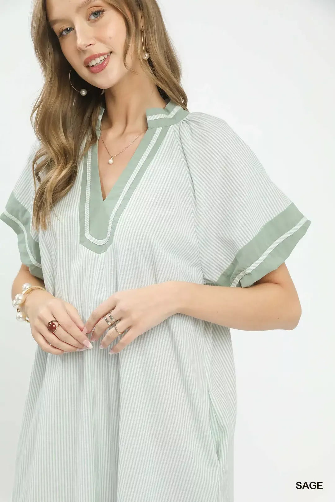 Umgee Pinstripe Contrast Trim Midi Dress