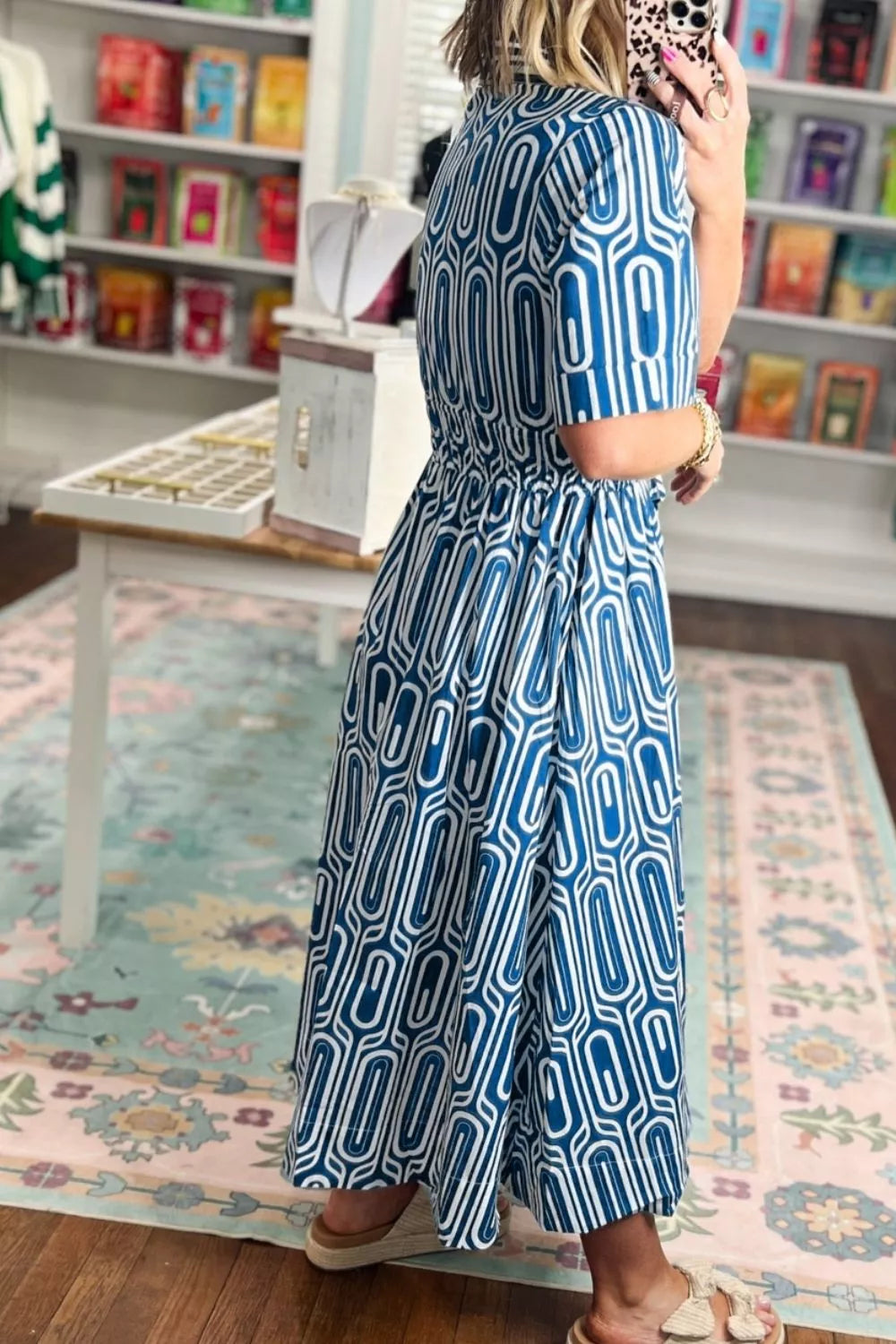 Geometric Print Short Sleeve Drawstring Shirt Collar Dress