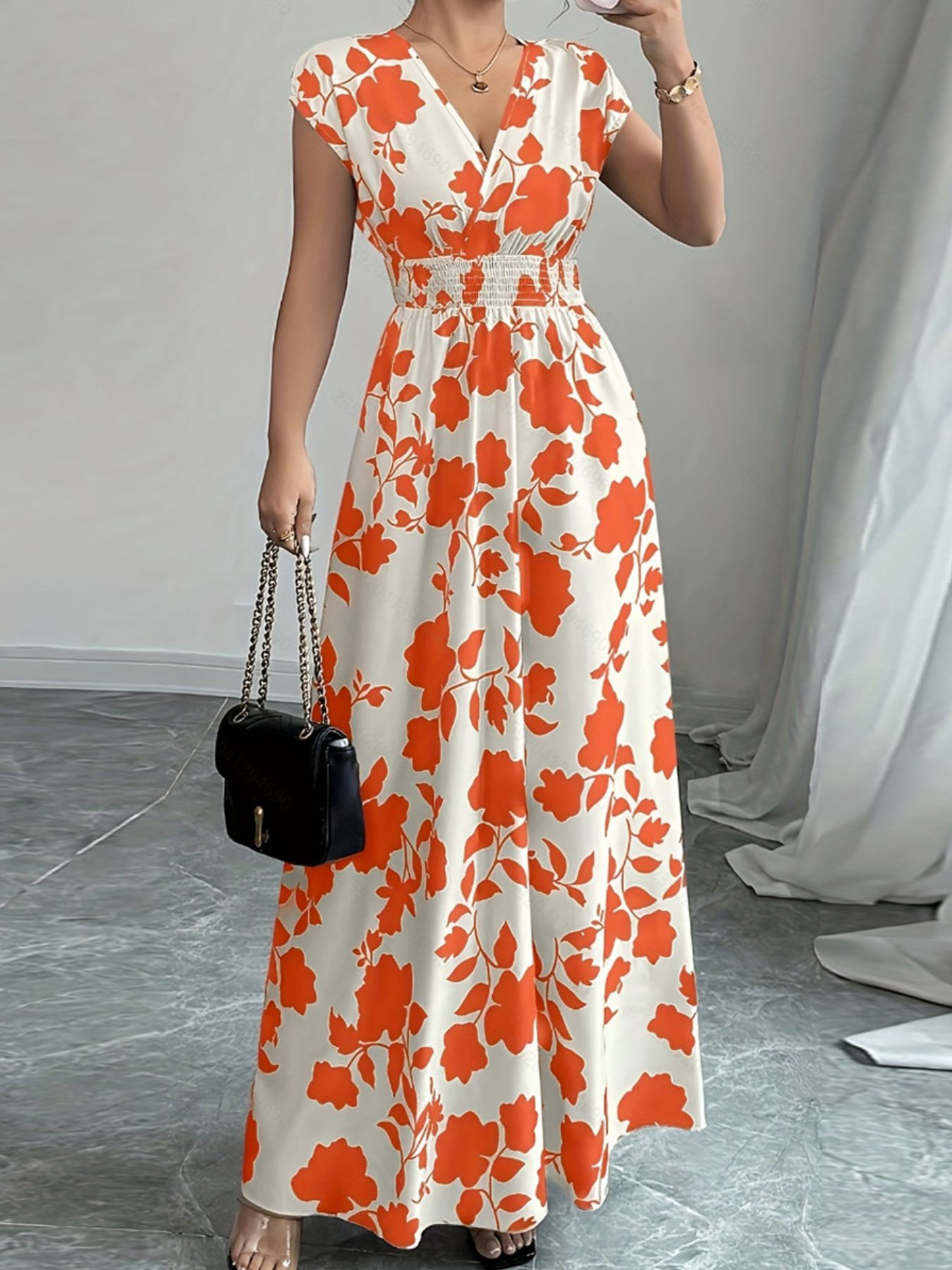 Printed Surplice Cap Sleeve Maxi Dress