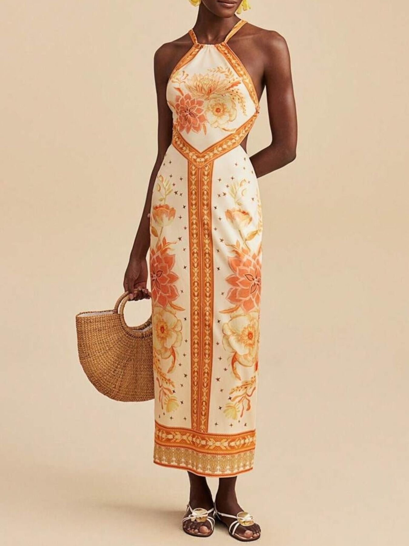 Floral Print Halter Neck Maxi Dress