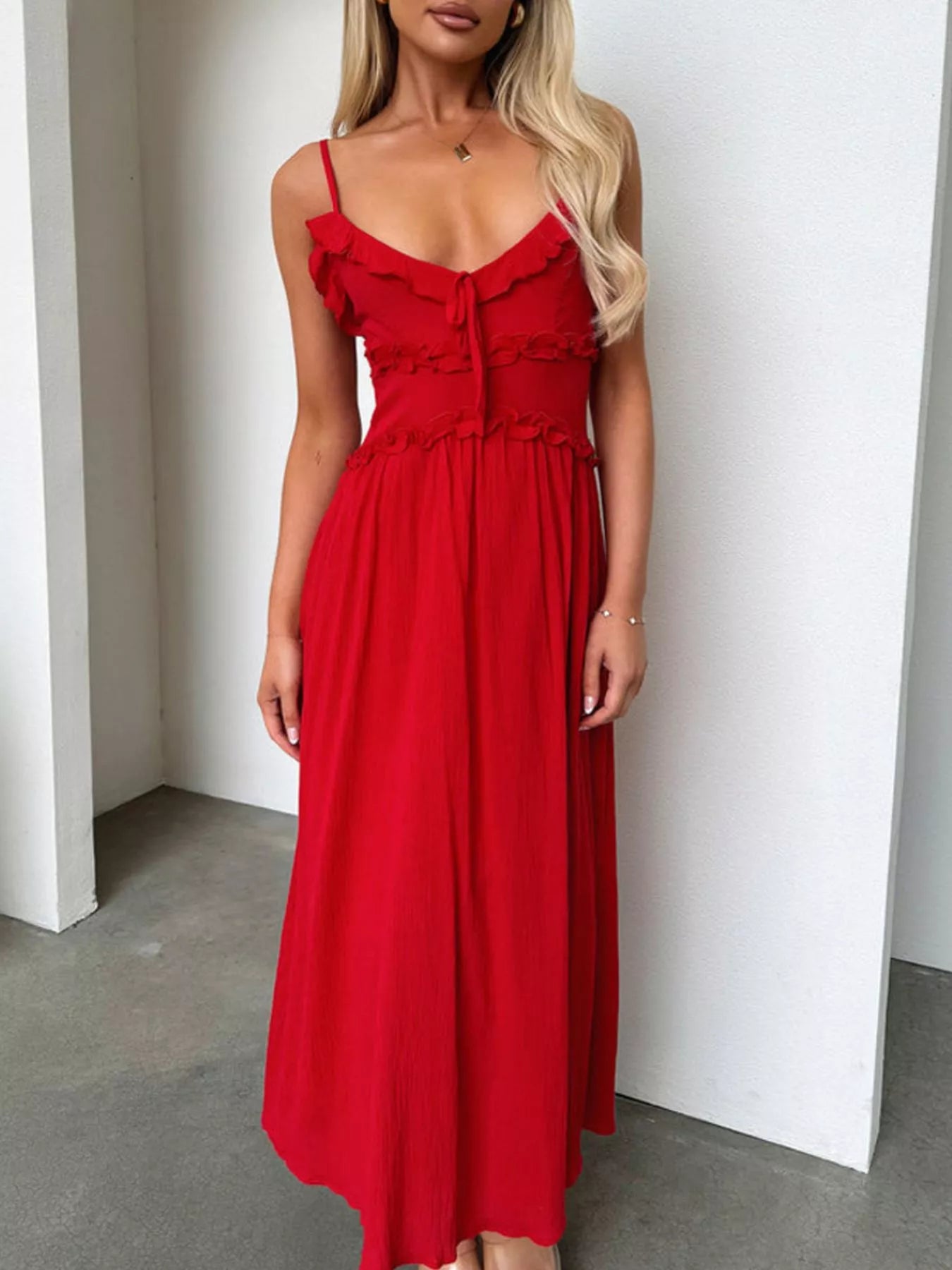 Ruffled Trimmed Spaghetti Strap Midi Dress